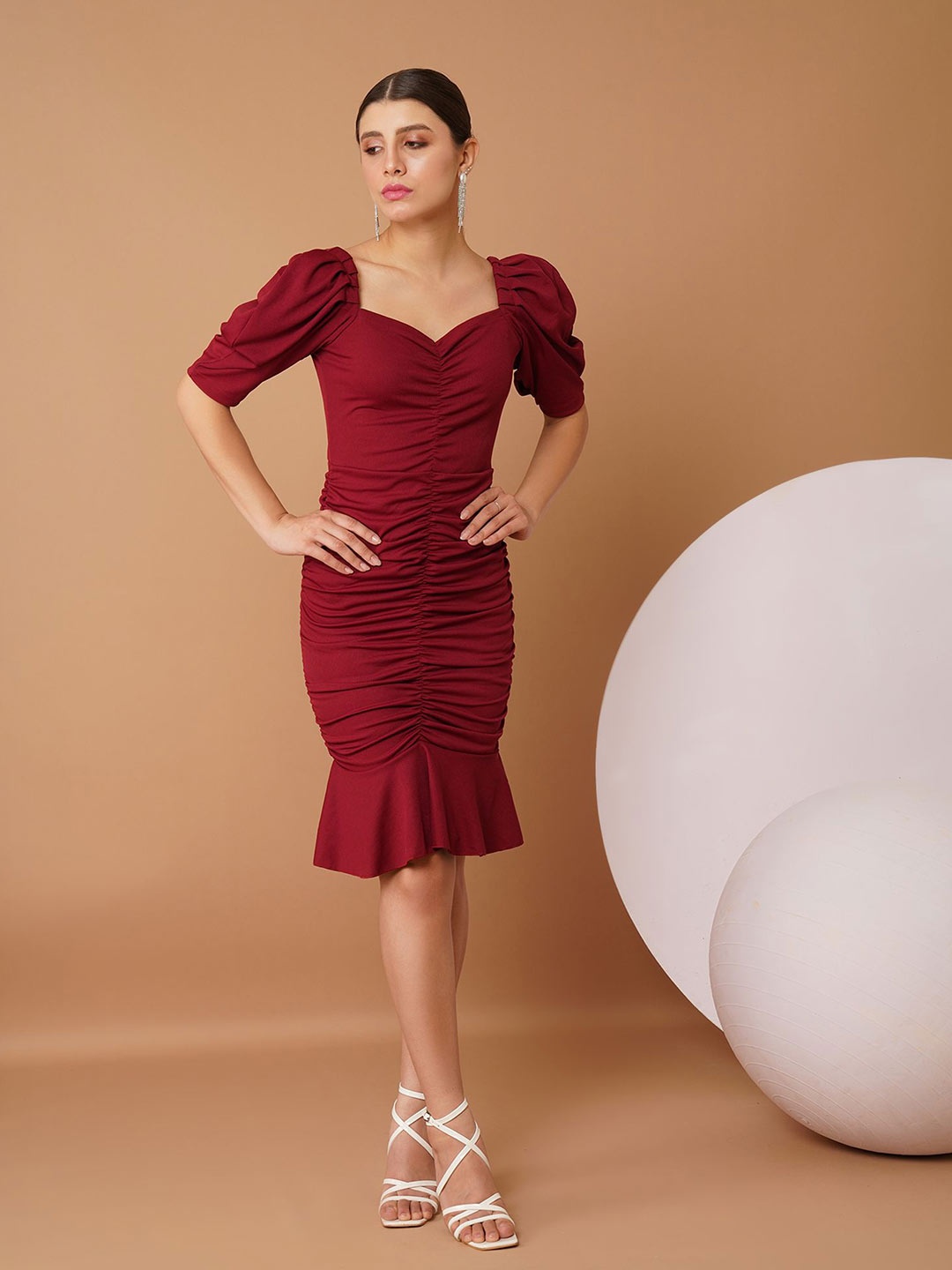 

Chemistry Puff Sleeve Scuba Ruched Drop-Waist Dress, Burgundy