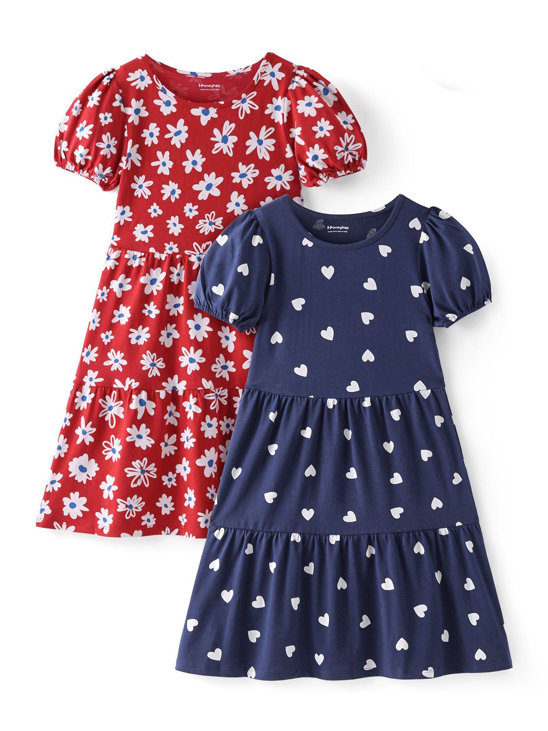 

Honeyhap Girls Pack of 2 Printed Puff Sleeve Cotton Fit and Flare Dress, Navy blue