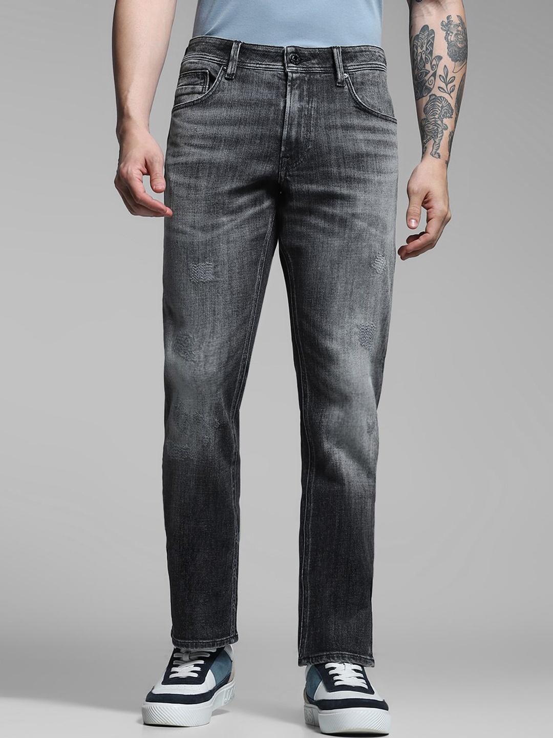 

Jack & Jones Men Low-Rise Mildly Distressed Light Fade Stretchable Jeans, Grey