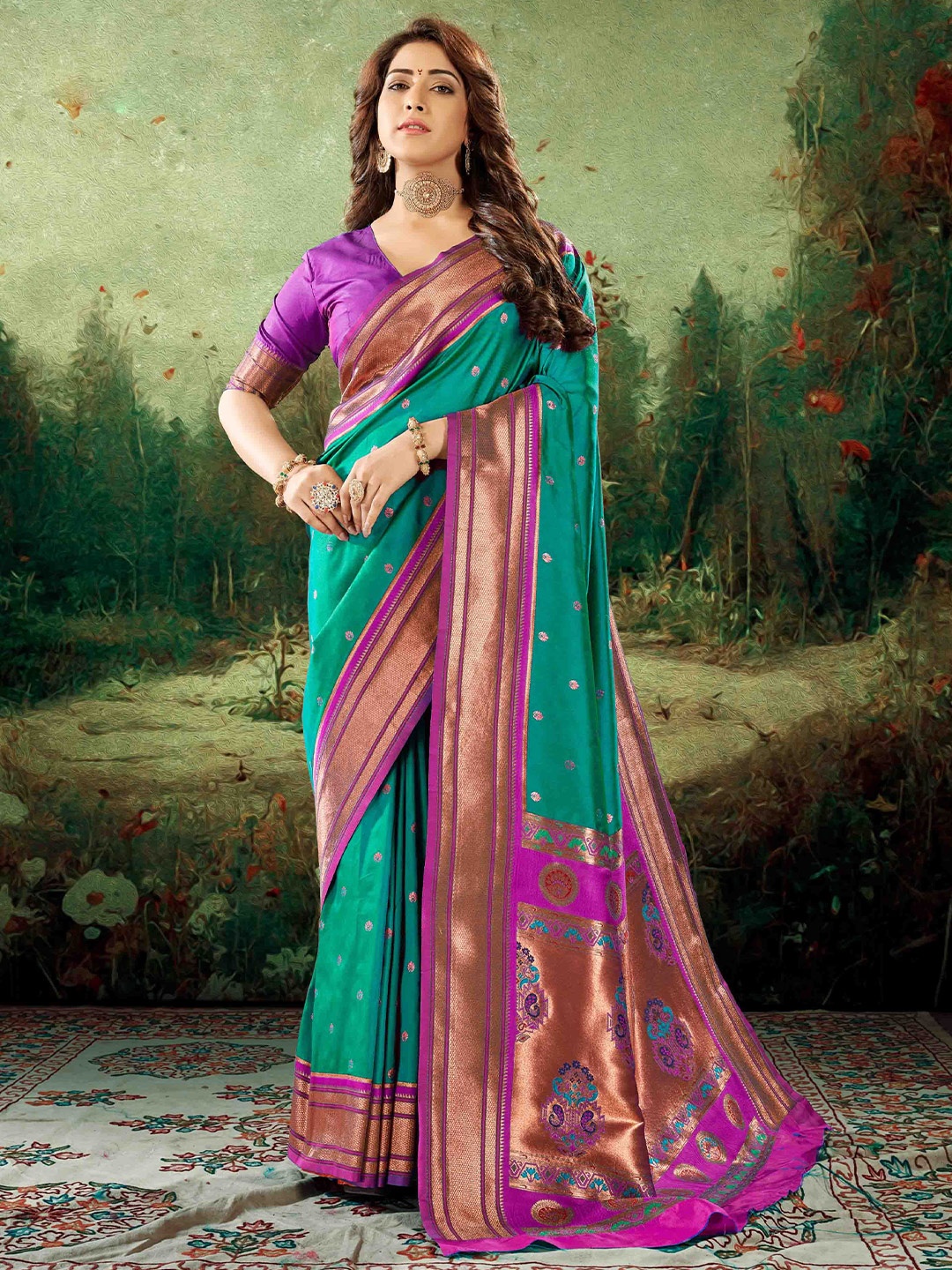 

Mitera Woven Design Zari Paithani Saree, Green