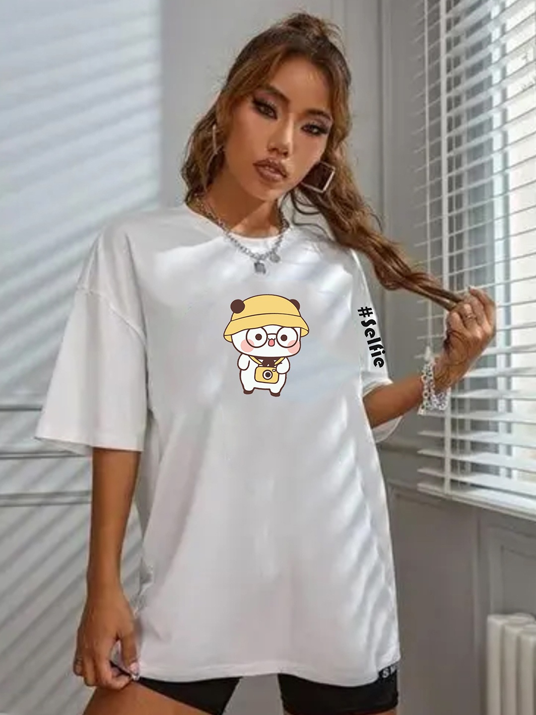 

TOGS & TERRE Women Graphic Printed Round Neck Cotton Oversized T-shirt, White