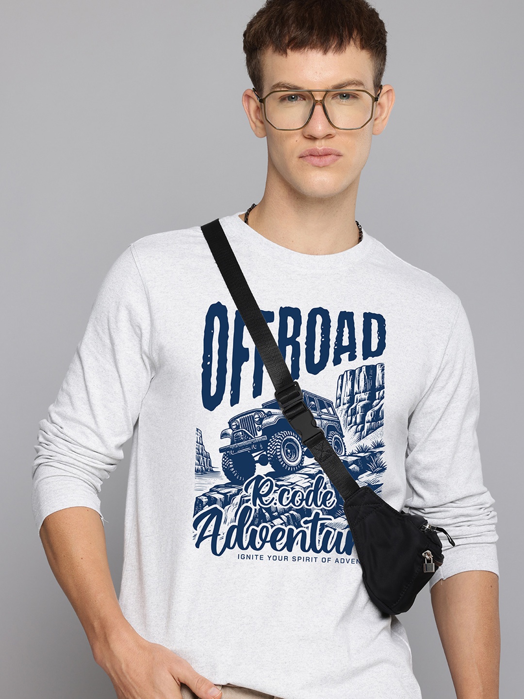 

R.Code by The Roadster Life Co. Men Biker Printed Raw Edge T-shirt, White