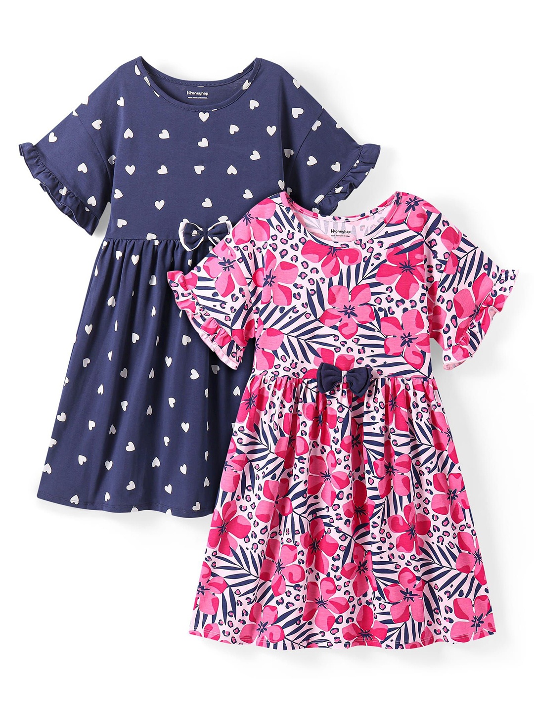 

Honeyhap Pack Of 2 Girl Printed Knee Length Fit & Flare Dress, Pink