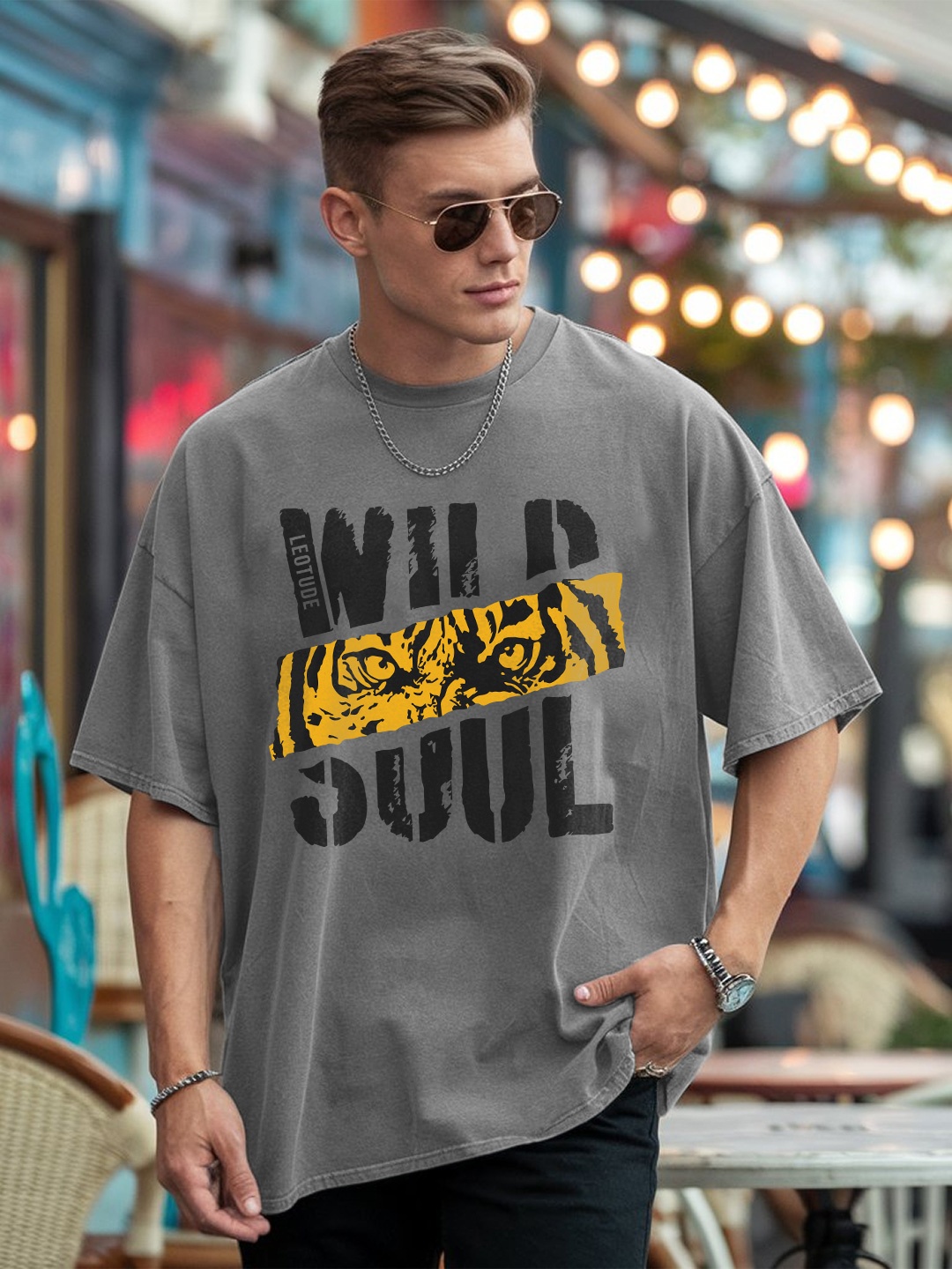 

Leotude Men Animal Graphic Printed Round Neck Cotton Oversized T-shirt, Grey
