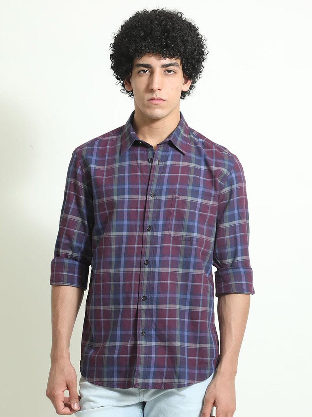 

Basics Men Slim Fit Spread Collar Tartan Checked Cotton Casual Shirt, Red