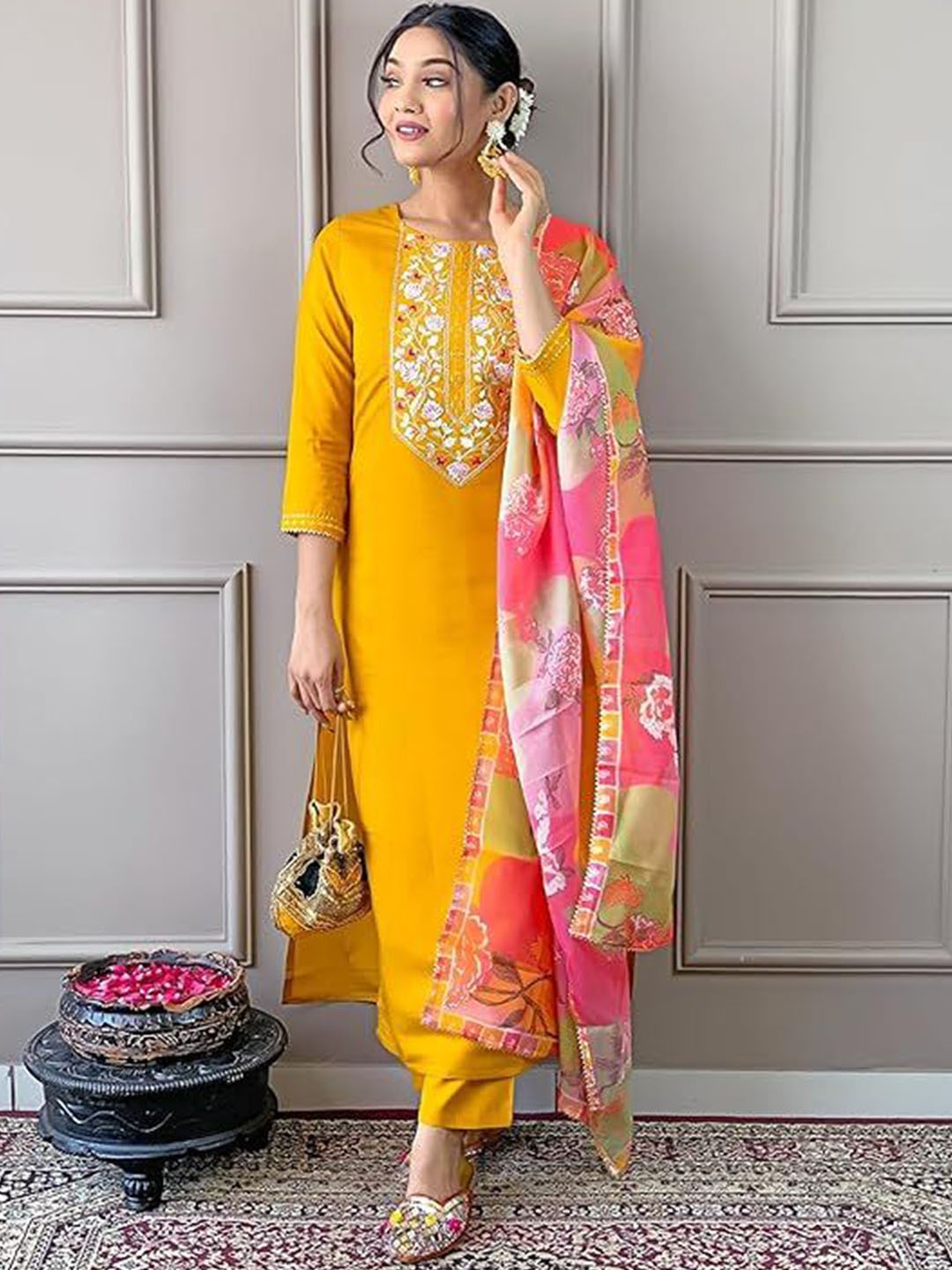 

BAESD Women Ethnic Motifs Embroidered Regular Sequinned Kurta with Trousers & With Dupatta, Yellow