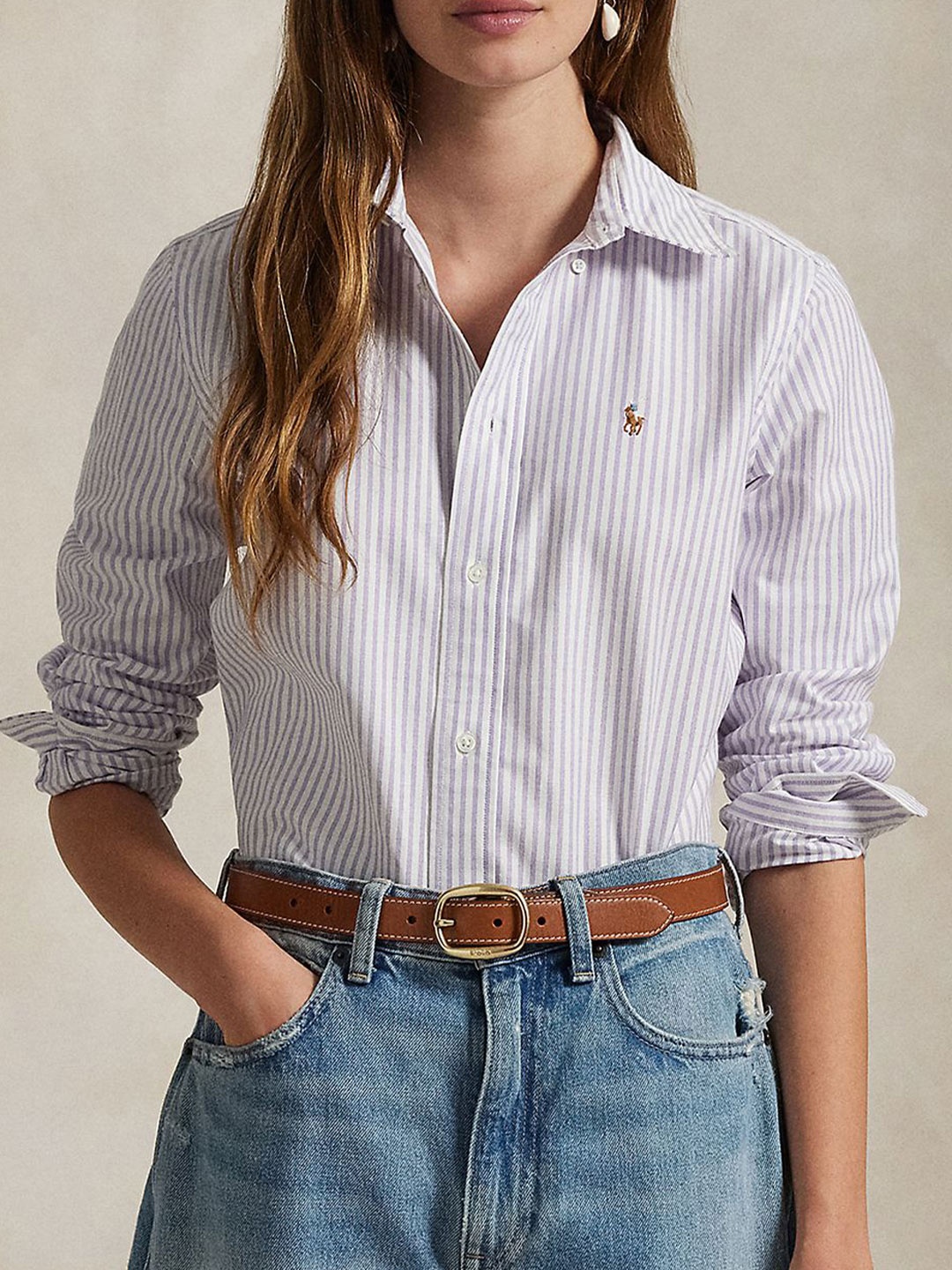 

Polo Ralph Lauren Women Slim Fit Button-Down Collar Vertical Striped Cotton Casual Shirt, White