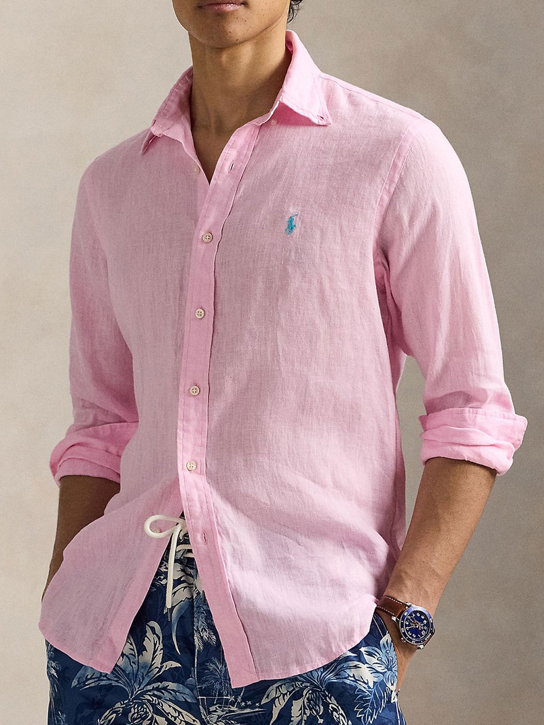 

Polo Ralph Lauren Men Slim Fit Button-Down Collar Solid Linen Casual Shirt, Pink