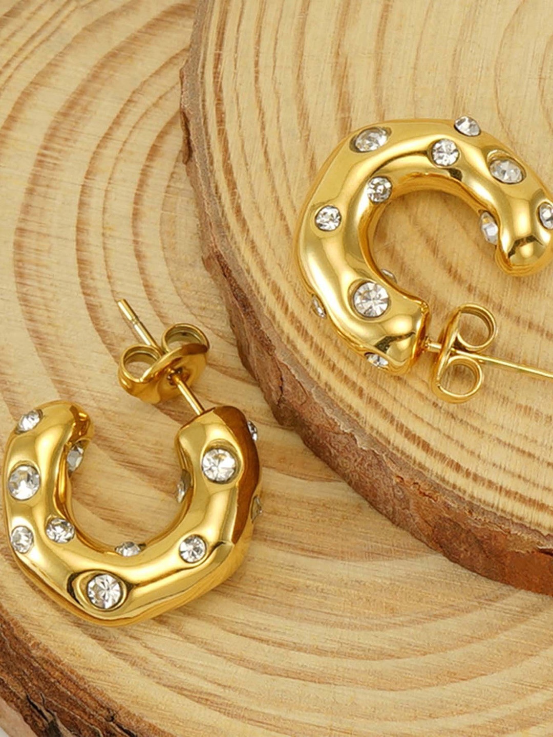 

DressBerry Stainless Steel Gold-Plated AD Studded Circular Shaped Half Hoop Earrings