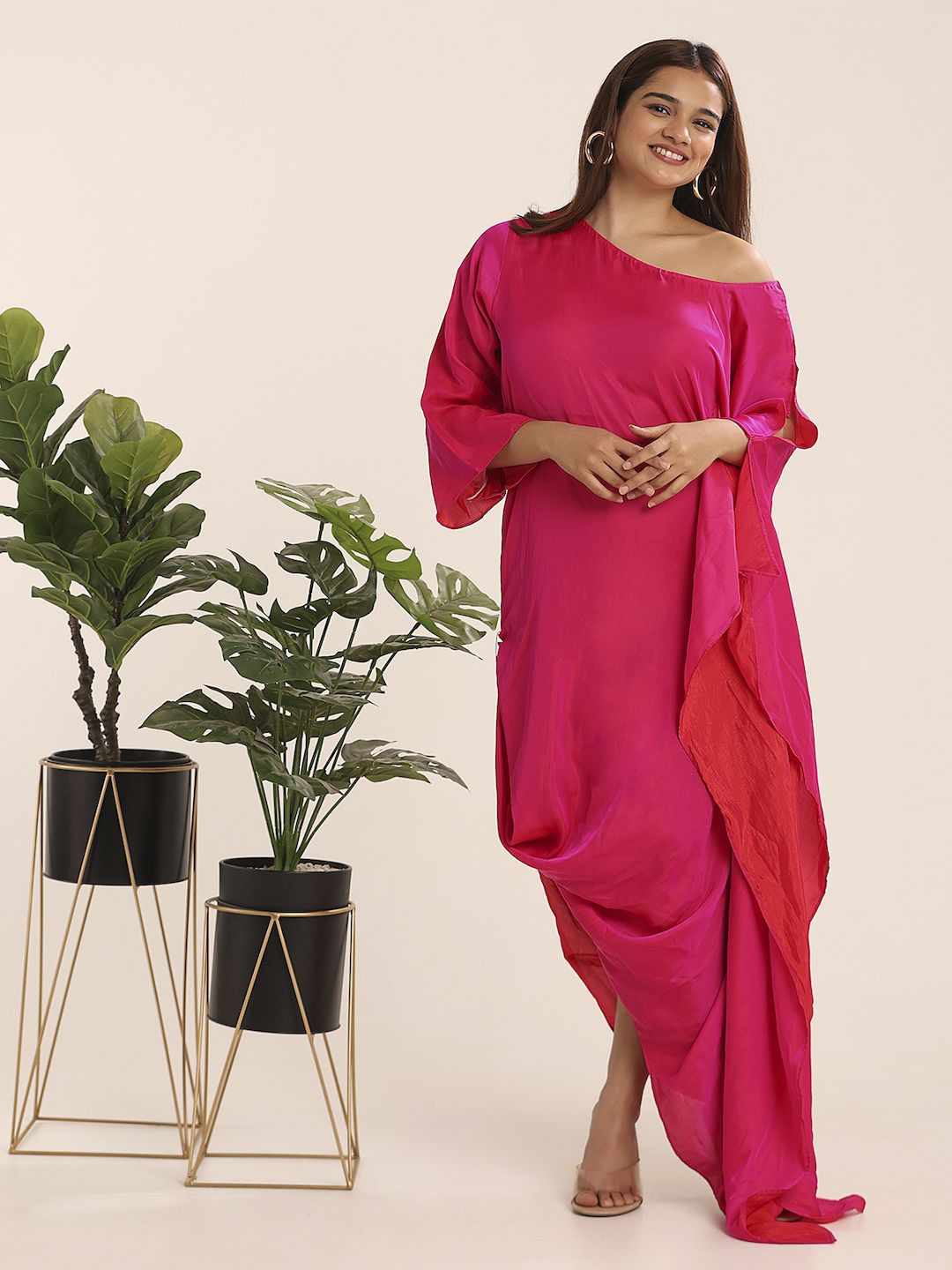 

THE BLESSED WARDROBE Women Solid Boat Neck Slit Sleeves Maxi Dress, Pink