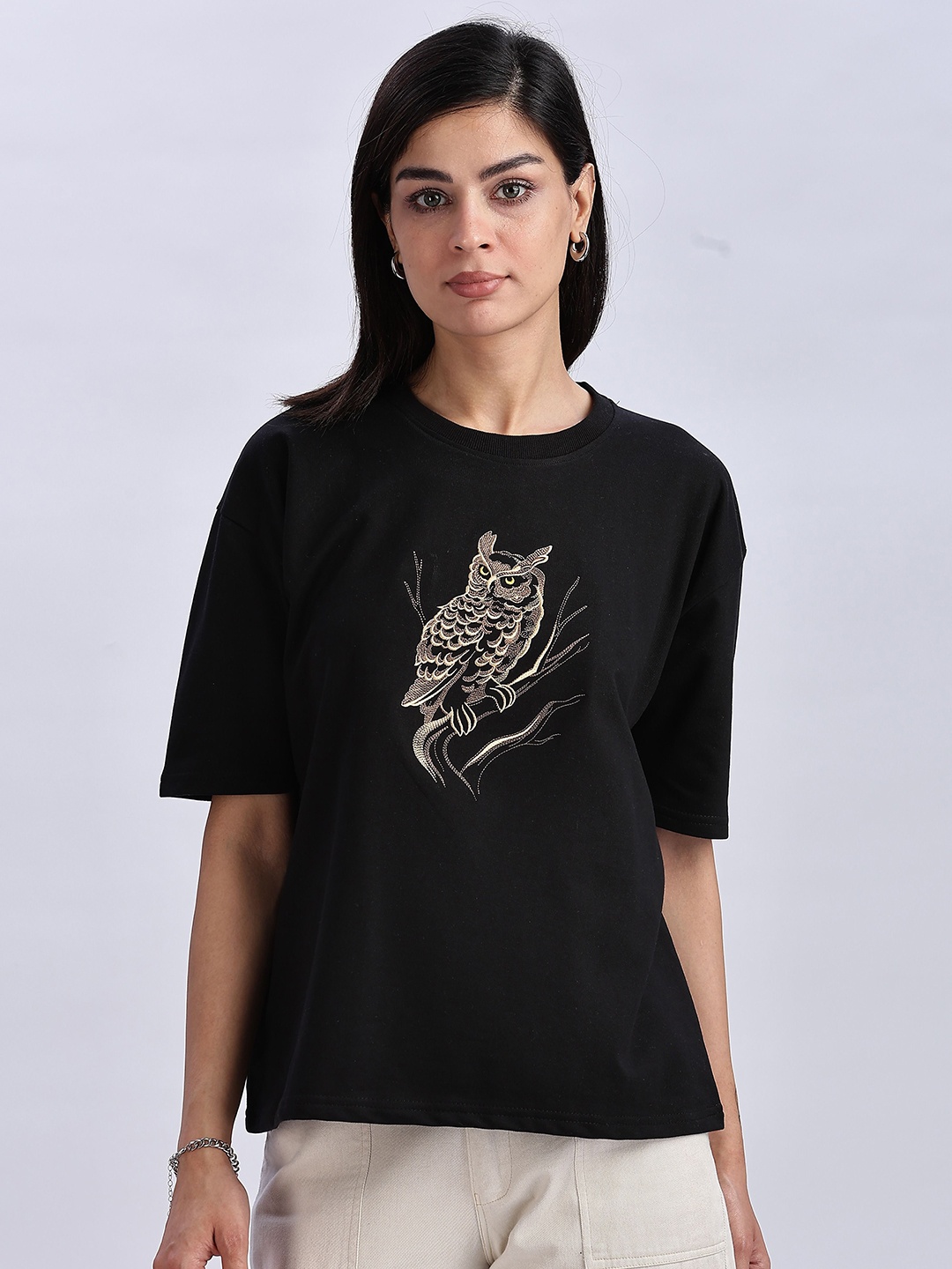 

Aerio Women Embroidery Drop Shoulder Oversized T-Shirt, Black