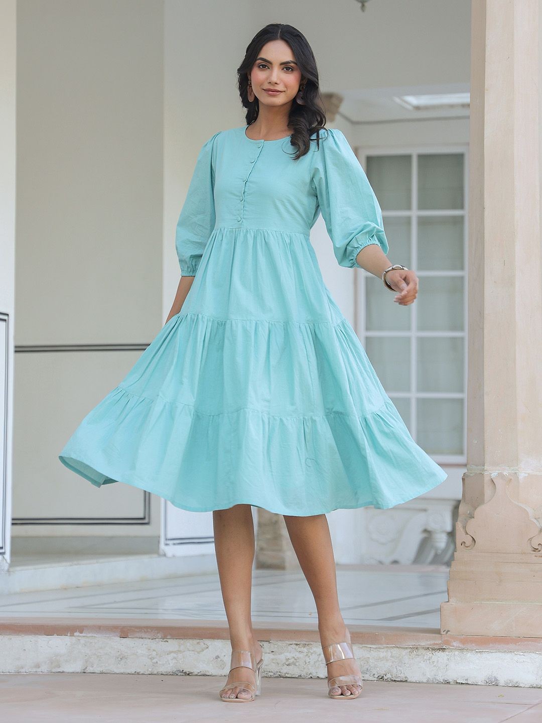 

Janasya Women Blue Pure Cotton Solid Tiered Dress