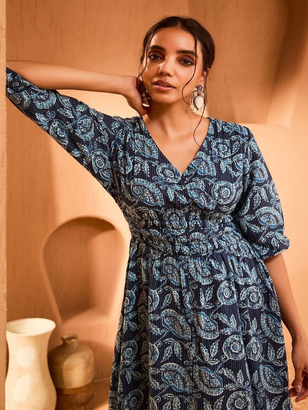 

Raiyani Fashion Women Ethnic Motifs Printed Crepe Fit & Flare Dress, Blue