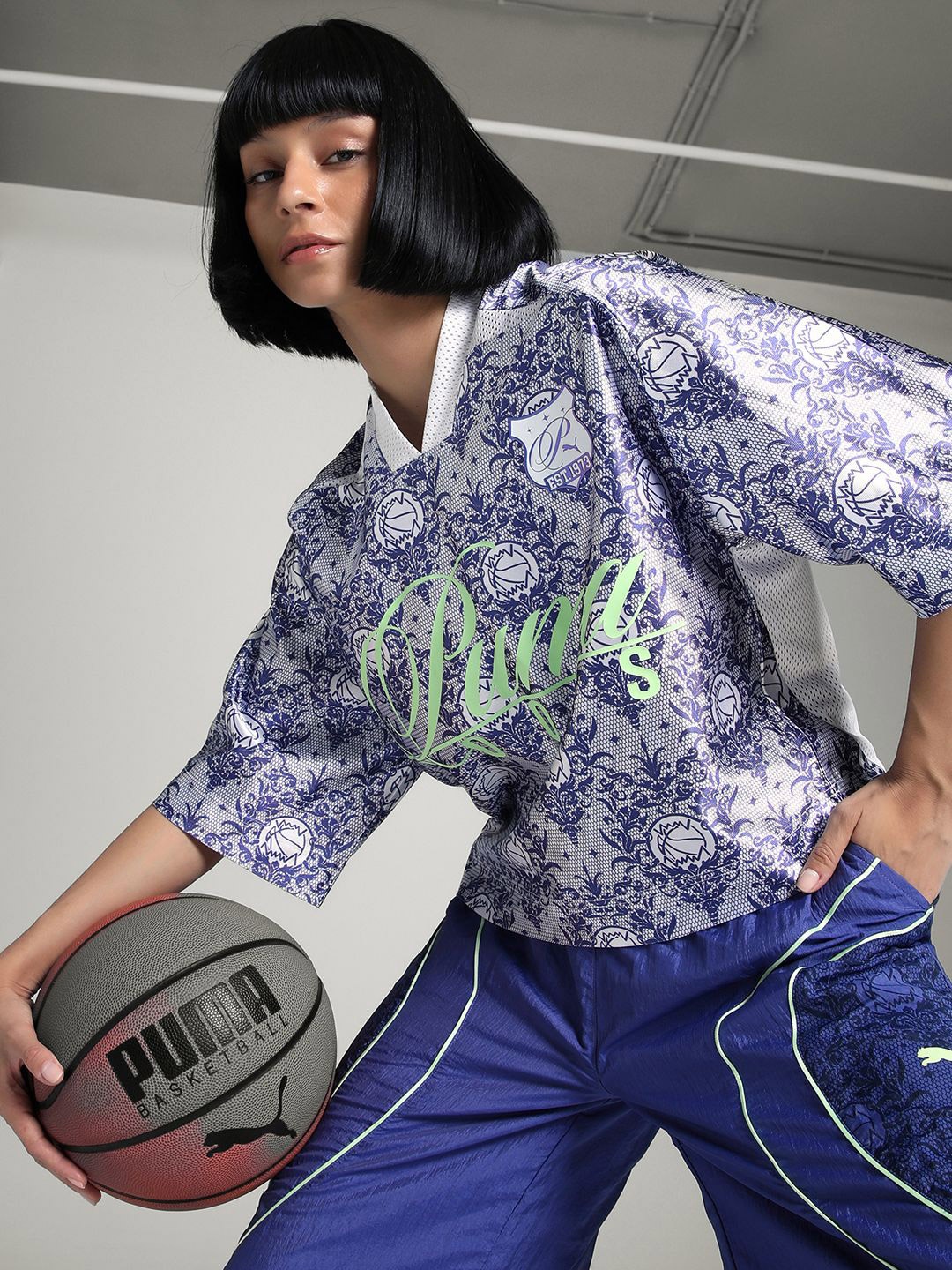 

Puma Lace Em Ups Division Women Floral Printed Oversized Basketball T-Shirt, White