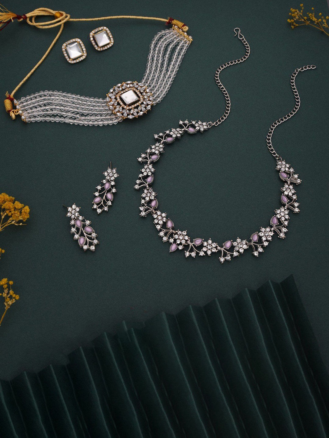 

Lyriss Set Of 2 Silver-Plated American Diamond Studded Jewellery Set, Lavender