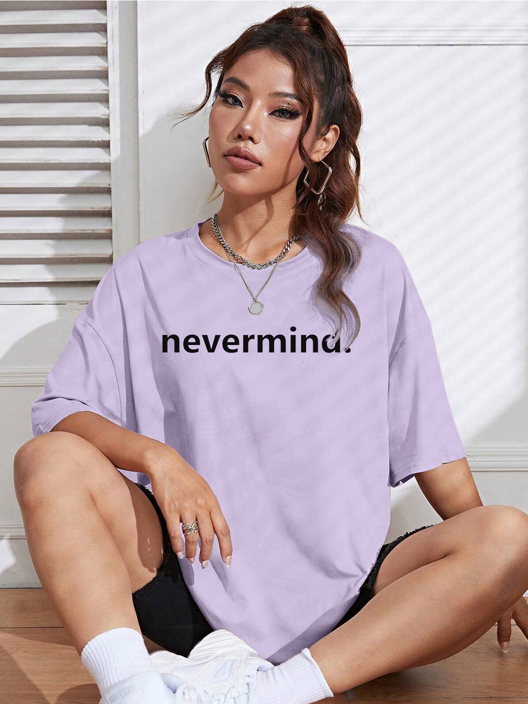 

TOGS & TERRE Women Typography Printed Round Neck Cotton Oversized T-shirt, Lavender