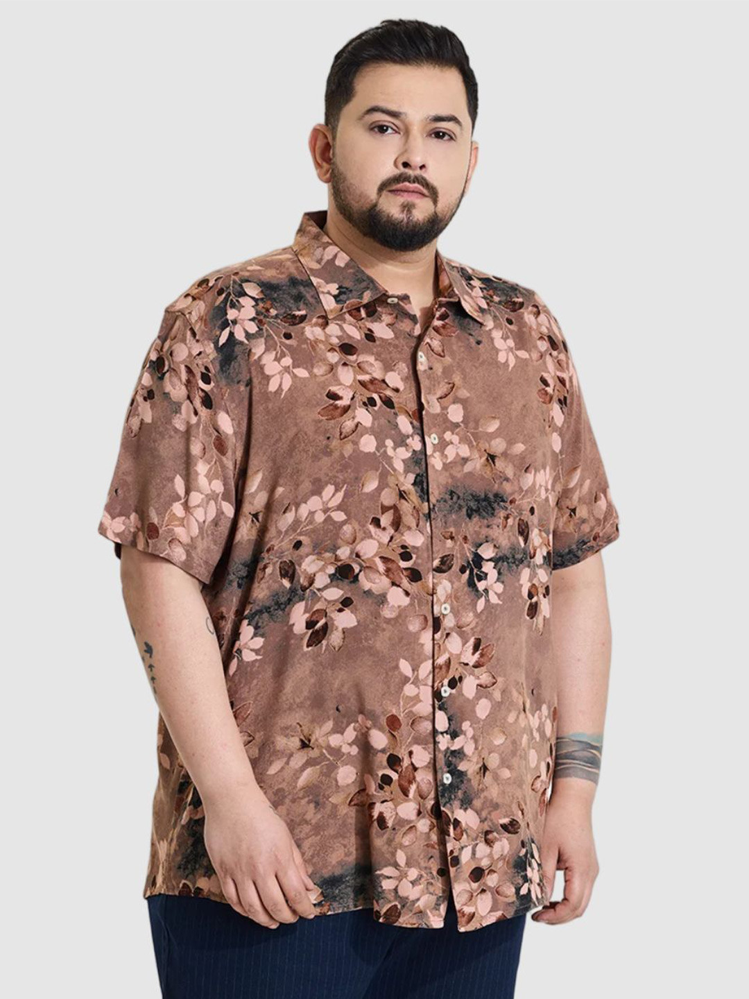 

Snitch Men Plus Size Classic Regular Fit Spread Collar Floral Printed Casual Shirt, Brown