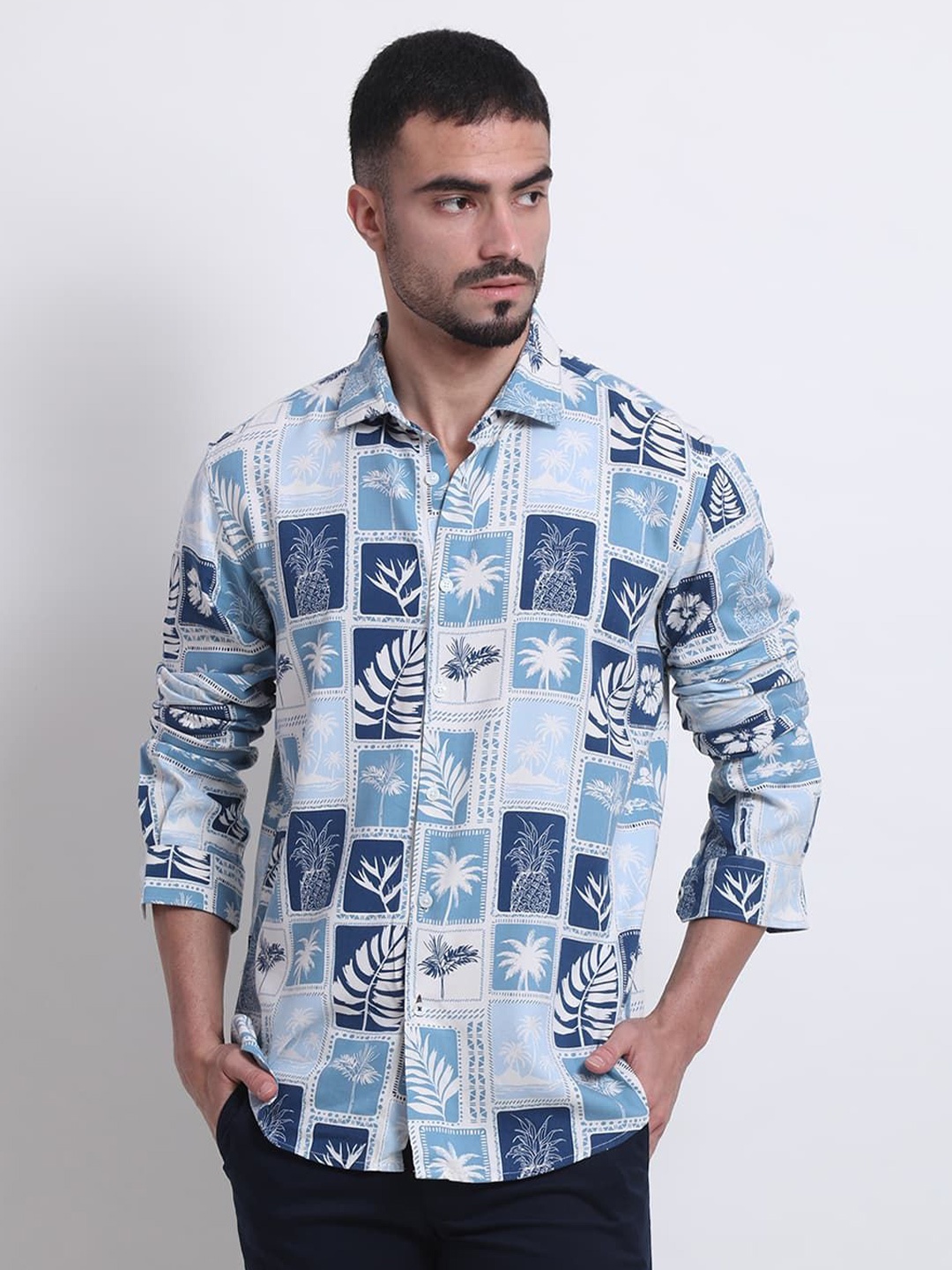 

Basics Men Slim Fit Floral Printed Casual Cotton Shirt, Blue