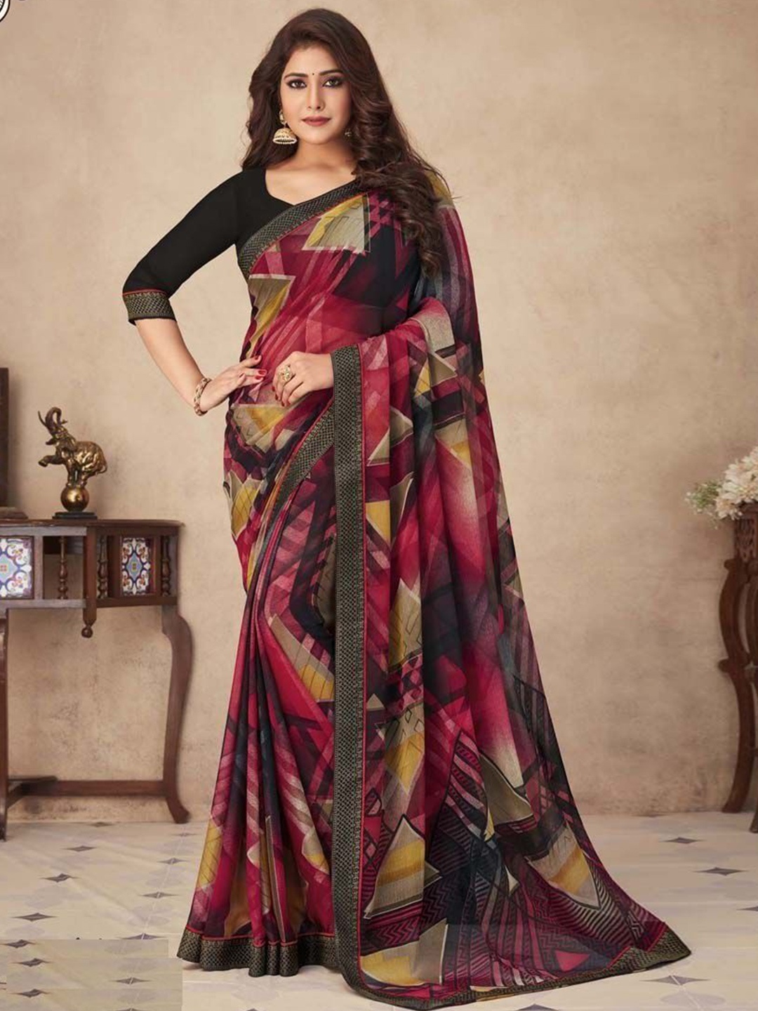 

Styleveda Patchwork Embroidered Border Georgette Saree With Unstitched Blouse Piece, Brown