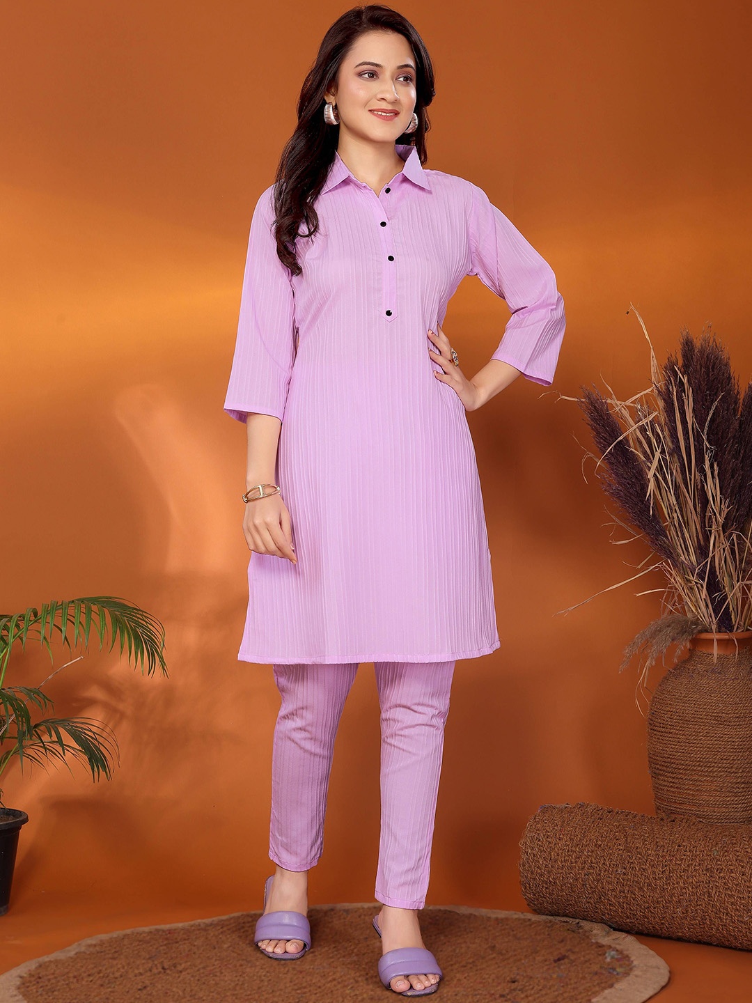 

SUNDARNAARI Shirt Collar Tunic With Trousers, Lavender