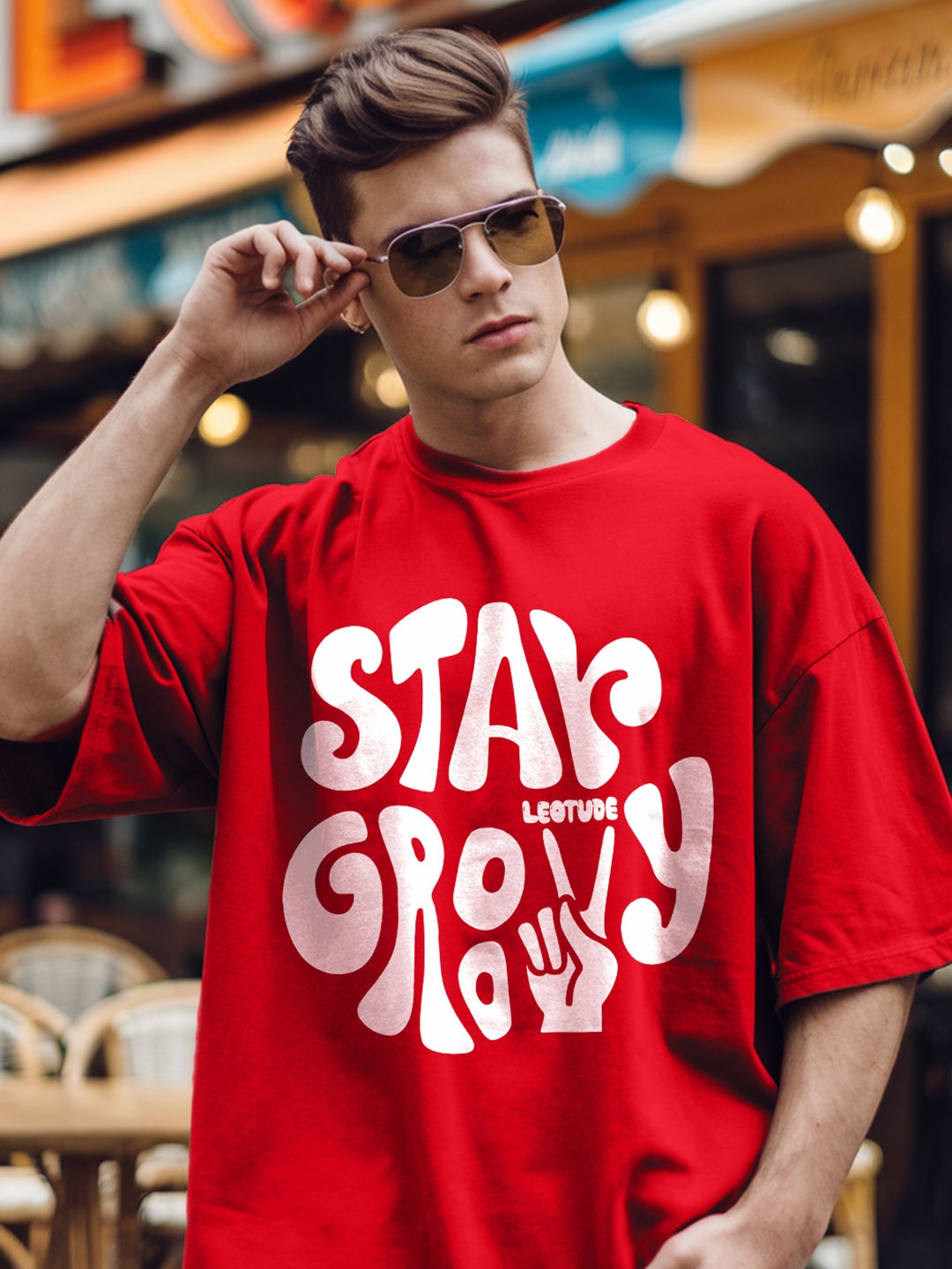 

Leotude Men Typography Printed Round Neck Cotton Oversized T-shirt, Red