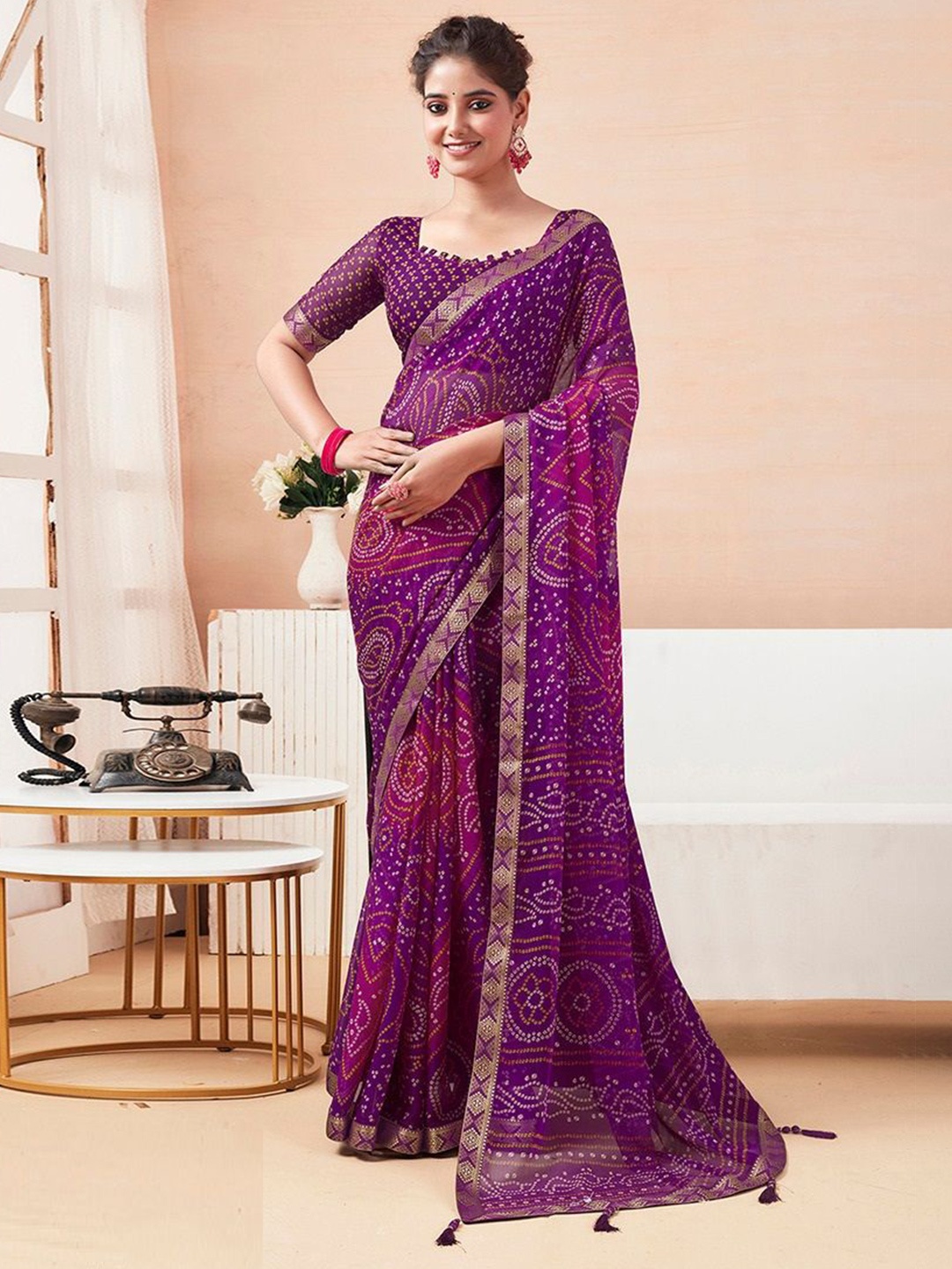 

Styleveda Zari Pure Georgette Bandhani Saree, Purple