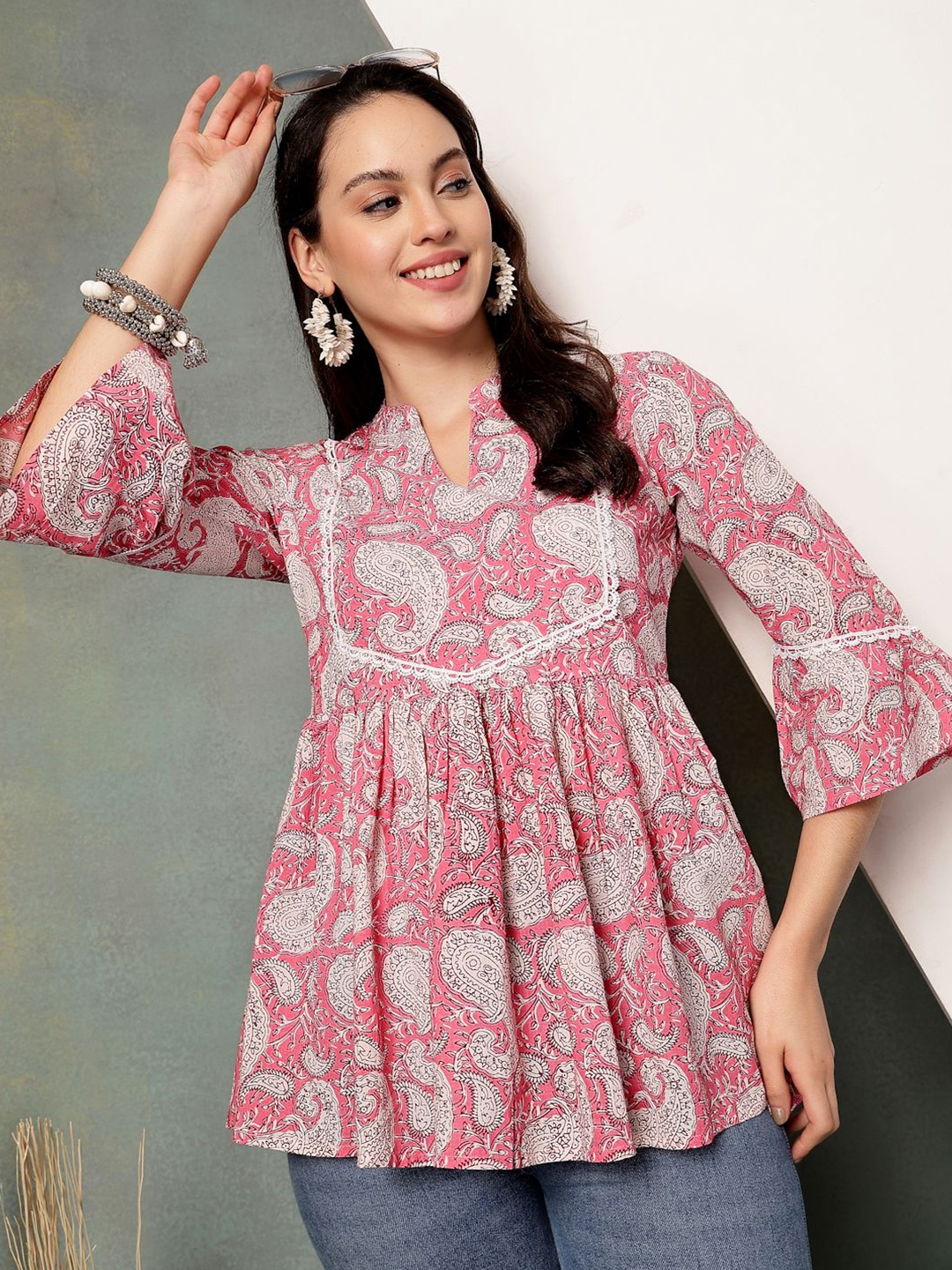 

God Bless Women Ethnic Printed Mandarin Collar Pure Cotton Tunics, Pink