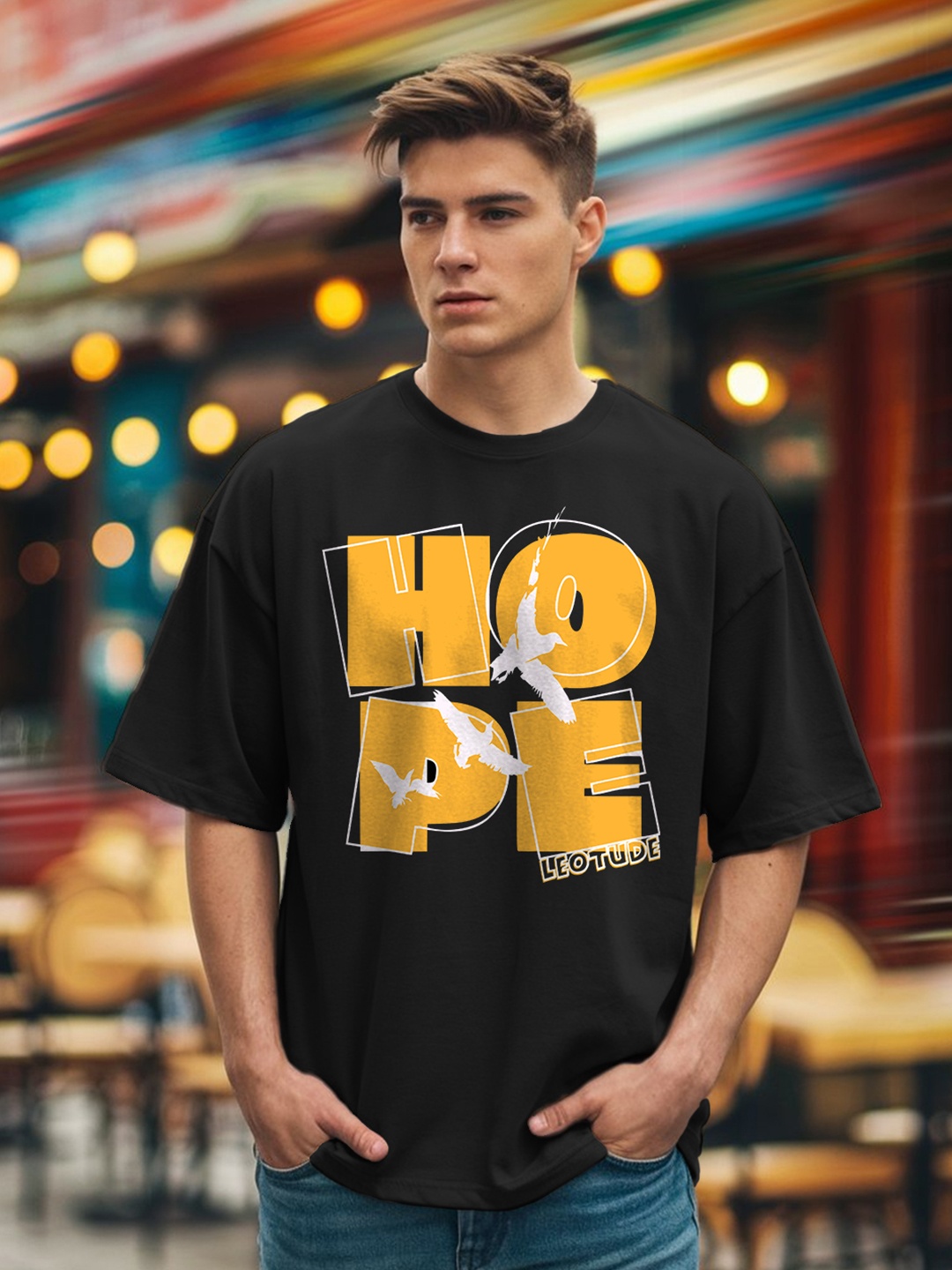 

Leotude Men Typography Printed Round Neck Cotton Relaxed Fit T-shirt, Black