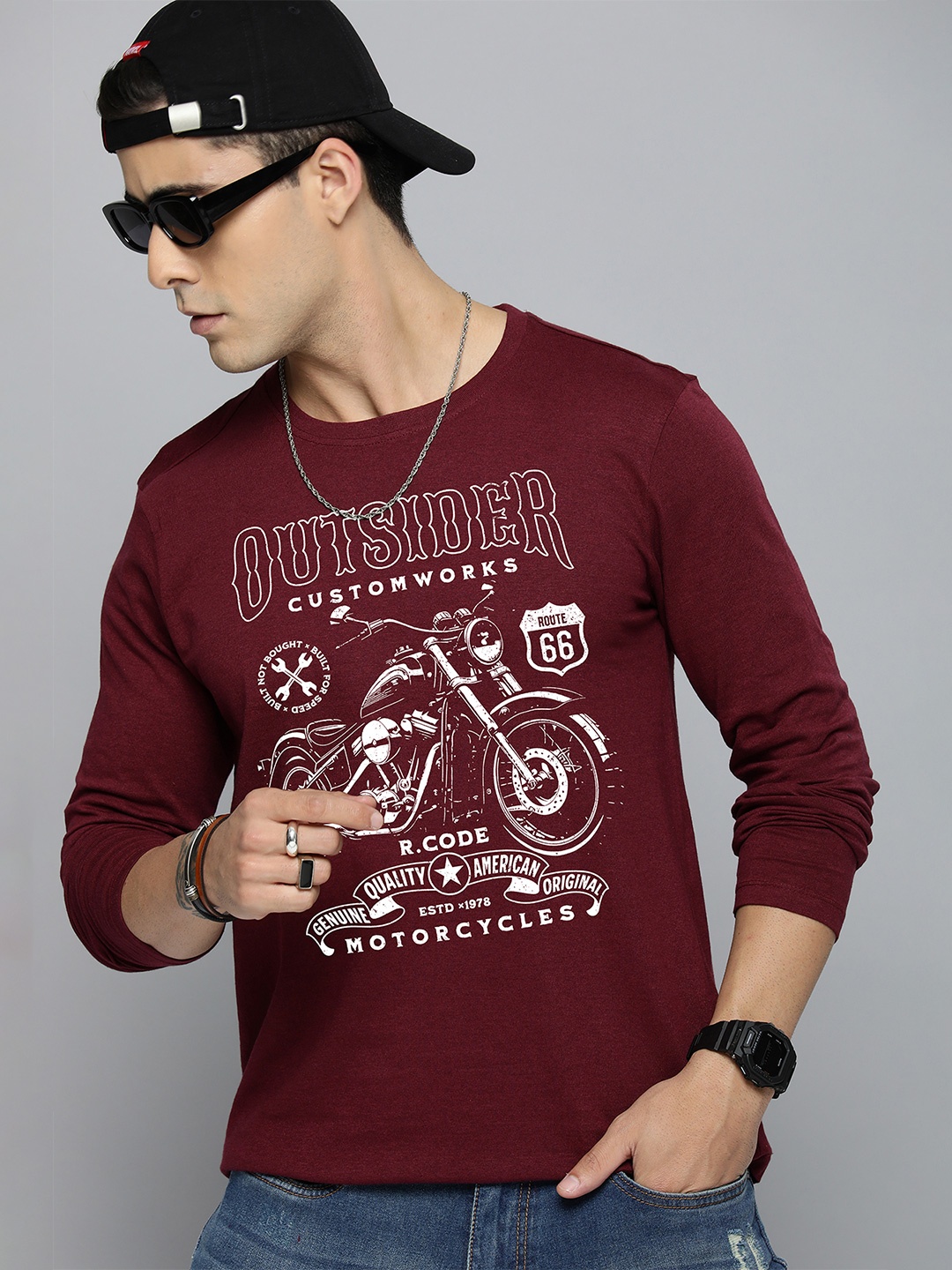 

R.Code by The Roadster Life Co. Men Varsity Printed Applique T-shirt, Burgundy