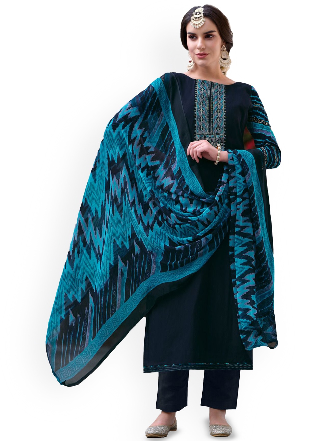 

DRAVINAM Trends Embroidered Thread Work Unstitched Dress Material, Navy blue