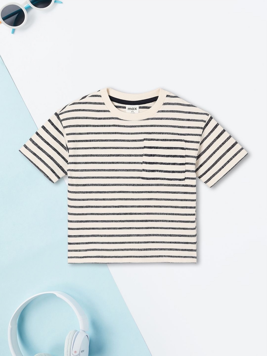

max Boys Striped Henley Neck Pockets T-shirt, Off white