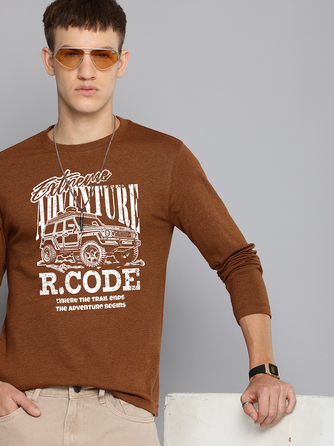 

R.Code by The Roadster Life Co. Men Typography Printed Raw Edge T-shirt, Mustard