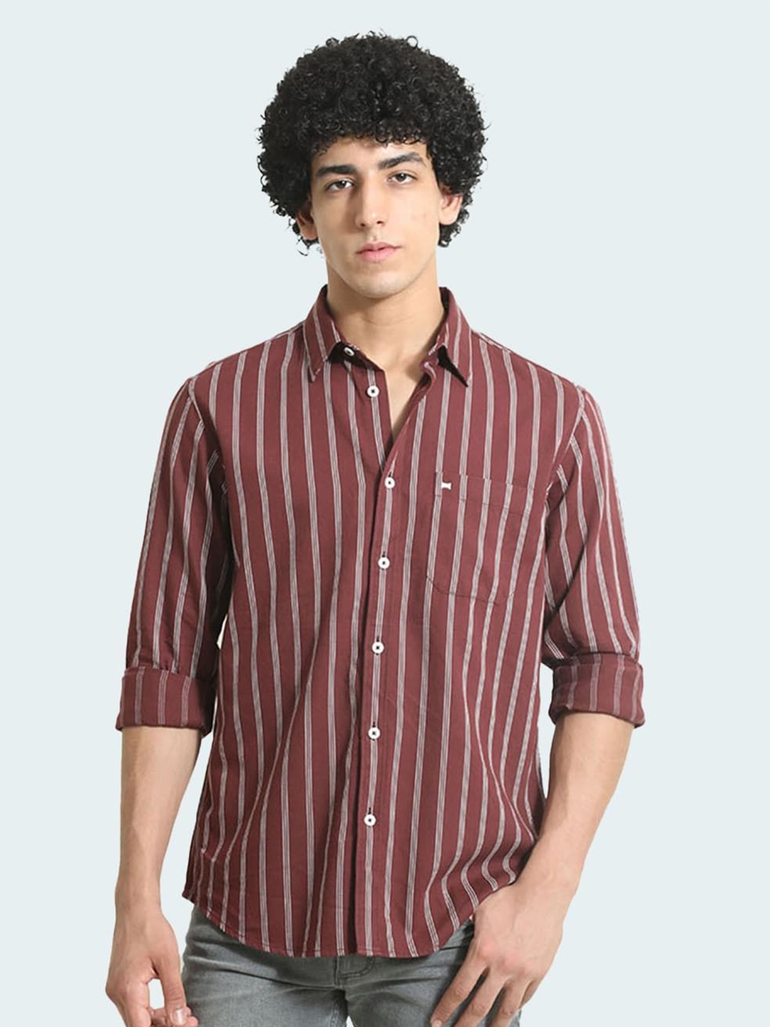 

Basics Men Slim Fit Spread Collar Vertical Striped Cotton Casual Shirt, Maroon
