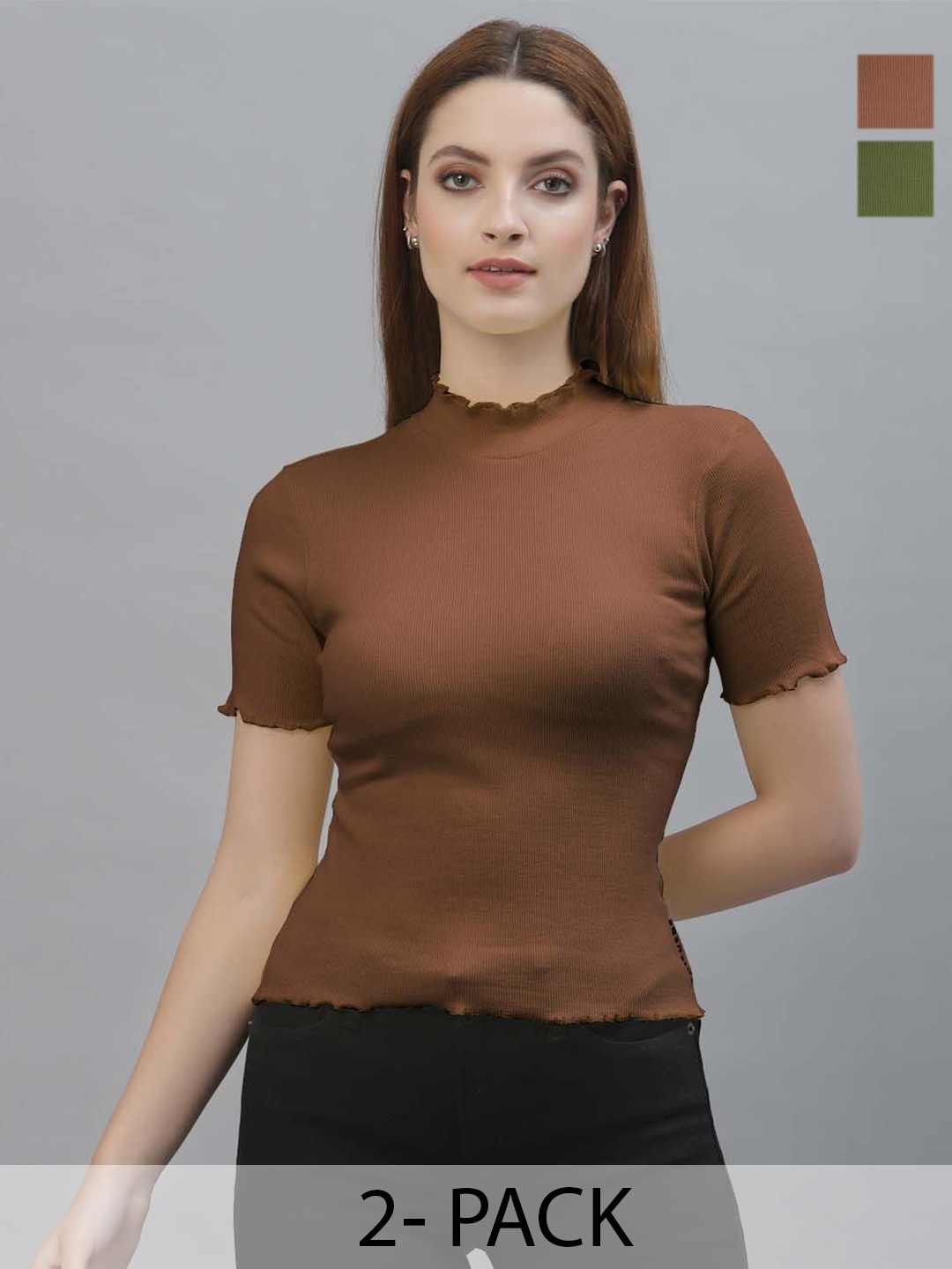 

Friskers Women Pack of 2 Cotton High Neck Fitted Crop Top, Brown