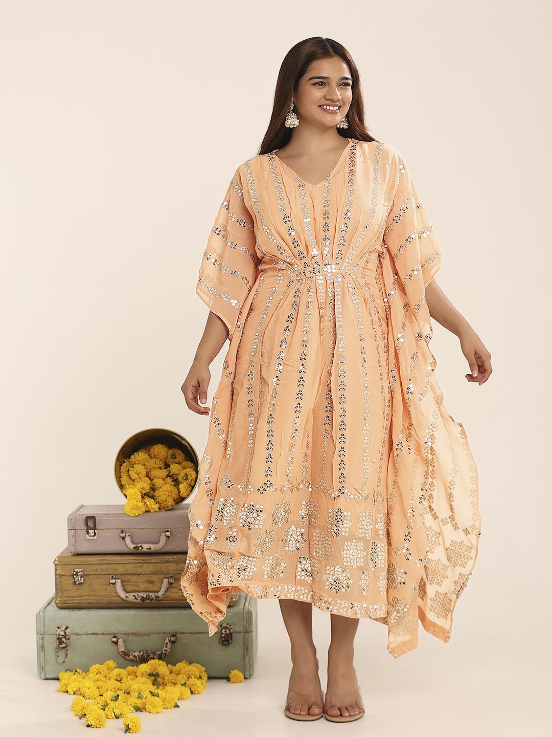 

THE BLESSED WARDROBE Women Embellished Sequined Georgette Kaftan Midi Dress, Peach