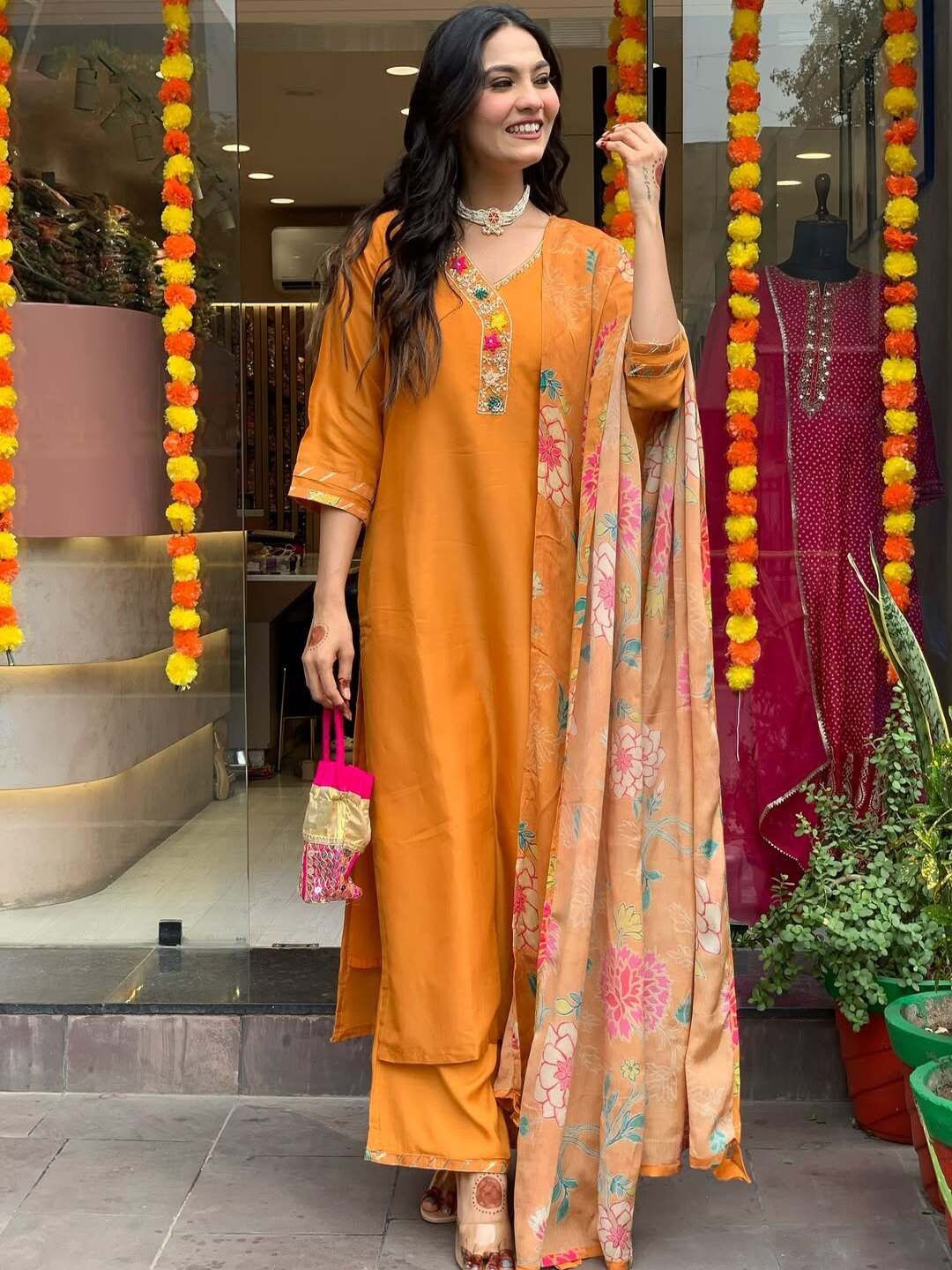 

SHIJILA Floral Yoke Design V-Neck Thread Work Straight Kurta With Palazzo & Dupatta, Orange
