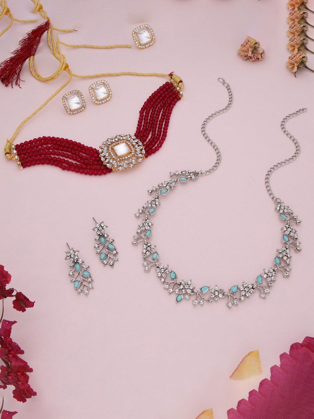 

Lyriss Set Of 2 Gold-Plated & Silver-Plated Stones Studded And Beaded Jewellery Sets