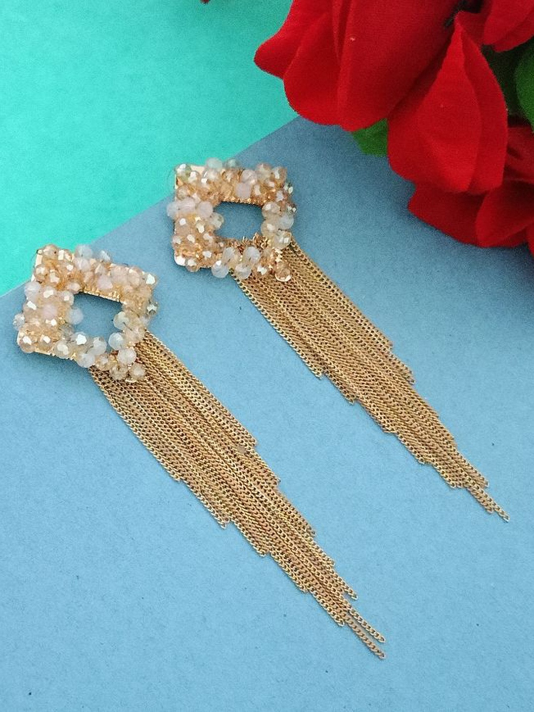 

DIVASTRI Gold-Plated Stones Studded Contemporary Shaped Tasselled Drop Earrings