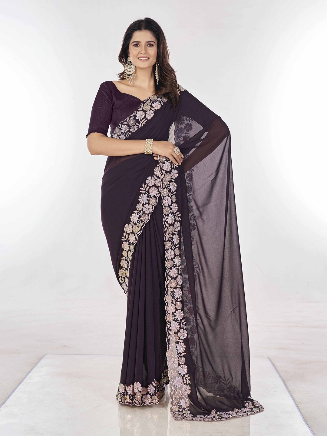 

LeeliPeeri Designer Embroidered Saree With Unstitched Blouse Piece, Purple