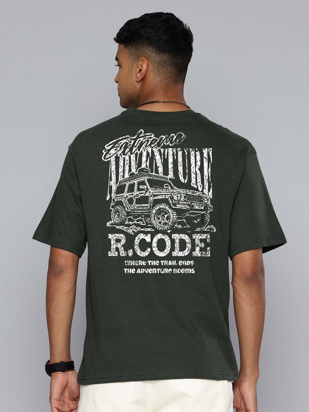 

R.Code by The Roadster Life Co. Men Printed Monochrome T-shirt, Olive