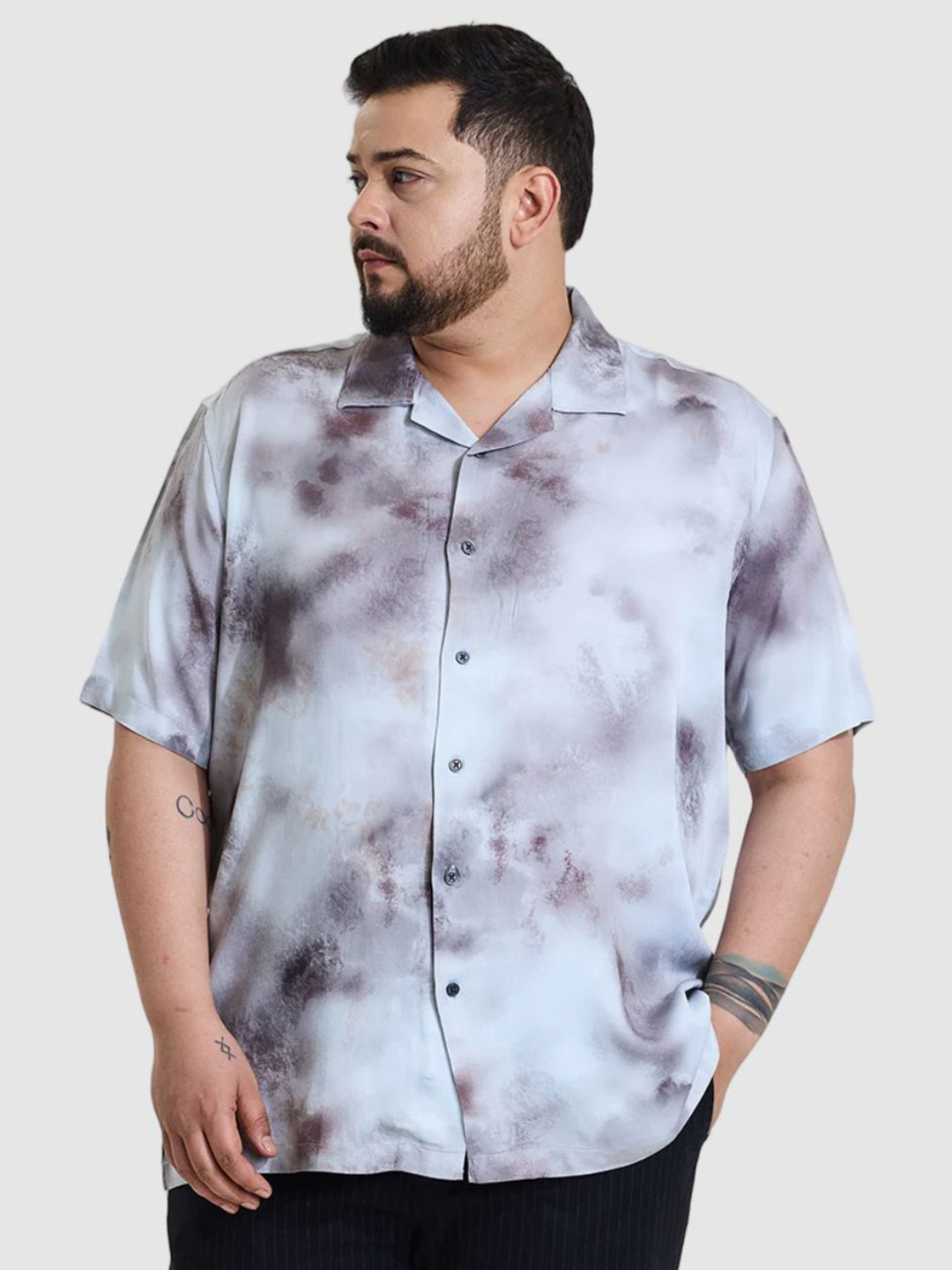 

Snitch Men Plus Size Relaxed Fit Cuban Collar Abstract Printed Casual Shirt, Brown