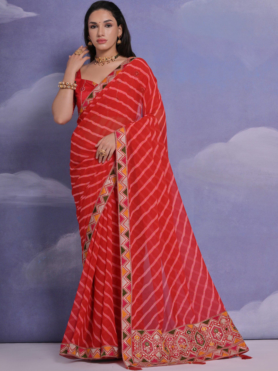 

LeeliPeeri Designer Striped Printed Embroidered Leheriya Saree, Red