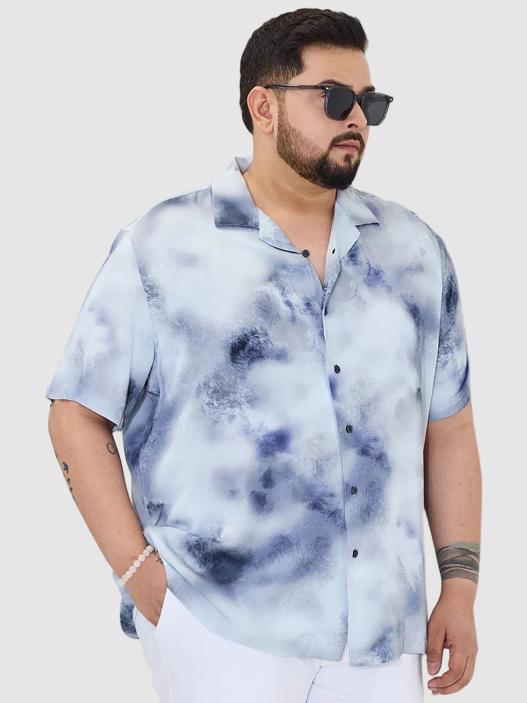 

Snitch Men Plus Size Relaxed Fit Cuban Collar Abstract Printed Casual Shirt, Blue