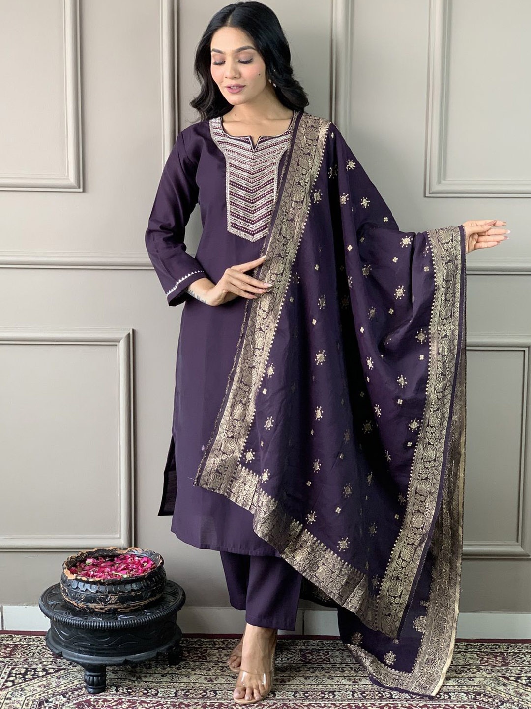 

Wedani Geometric Yoke Design Notch Neck Zari Straight Kurta With Trousers & Dupatta, Purple