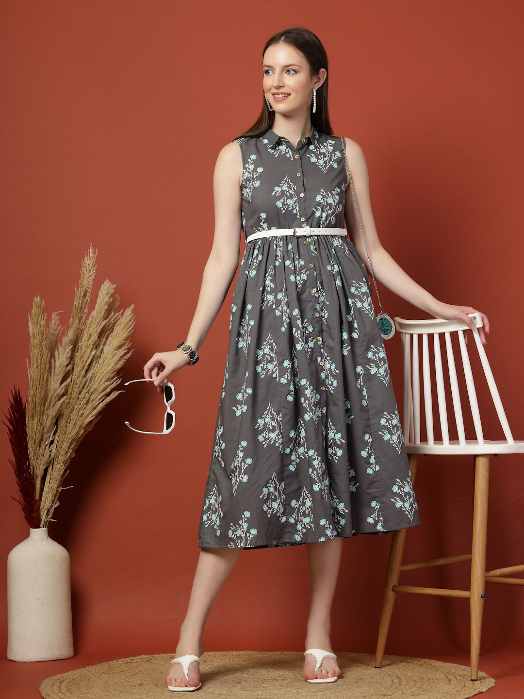 

all about you Shirt Collar Floral Printed Cotton Shirt Midi Dress, Grey