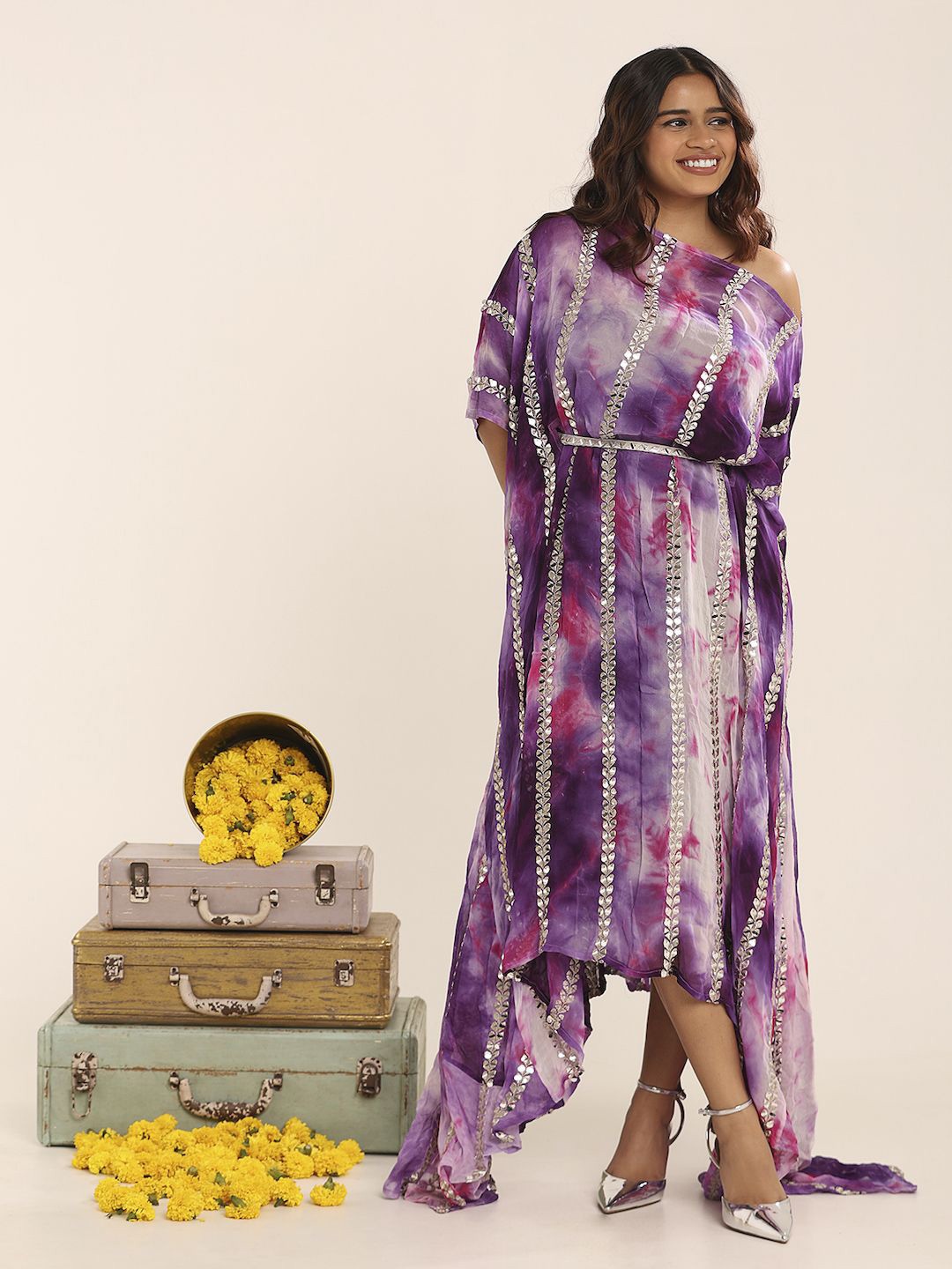 

THE BLESSED WARDROBE Women Tie and Dye Georgette Kaftan Maxi Dress, Rose