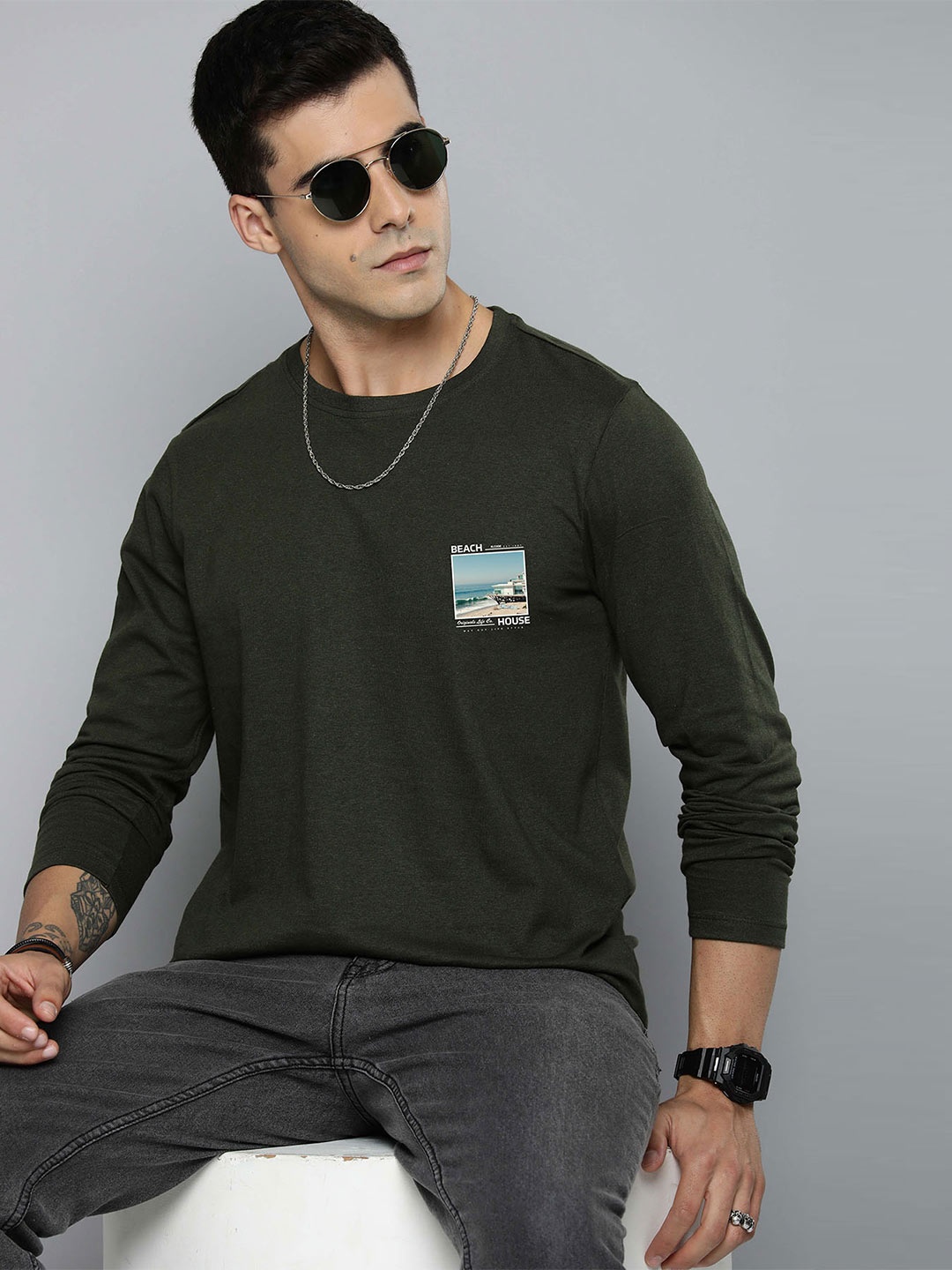 

R.Code by The Roadster Lifestyle Co. Men Graphic Printed Round Neck Cotton T-shirt, Olive