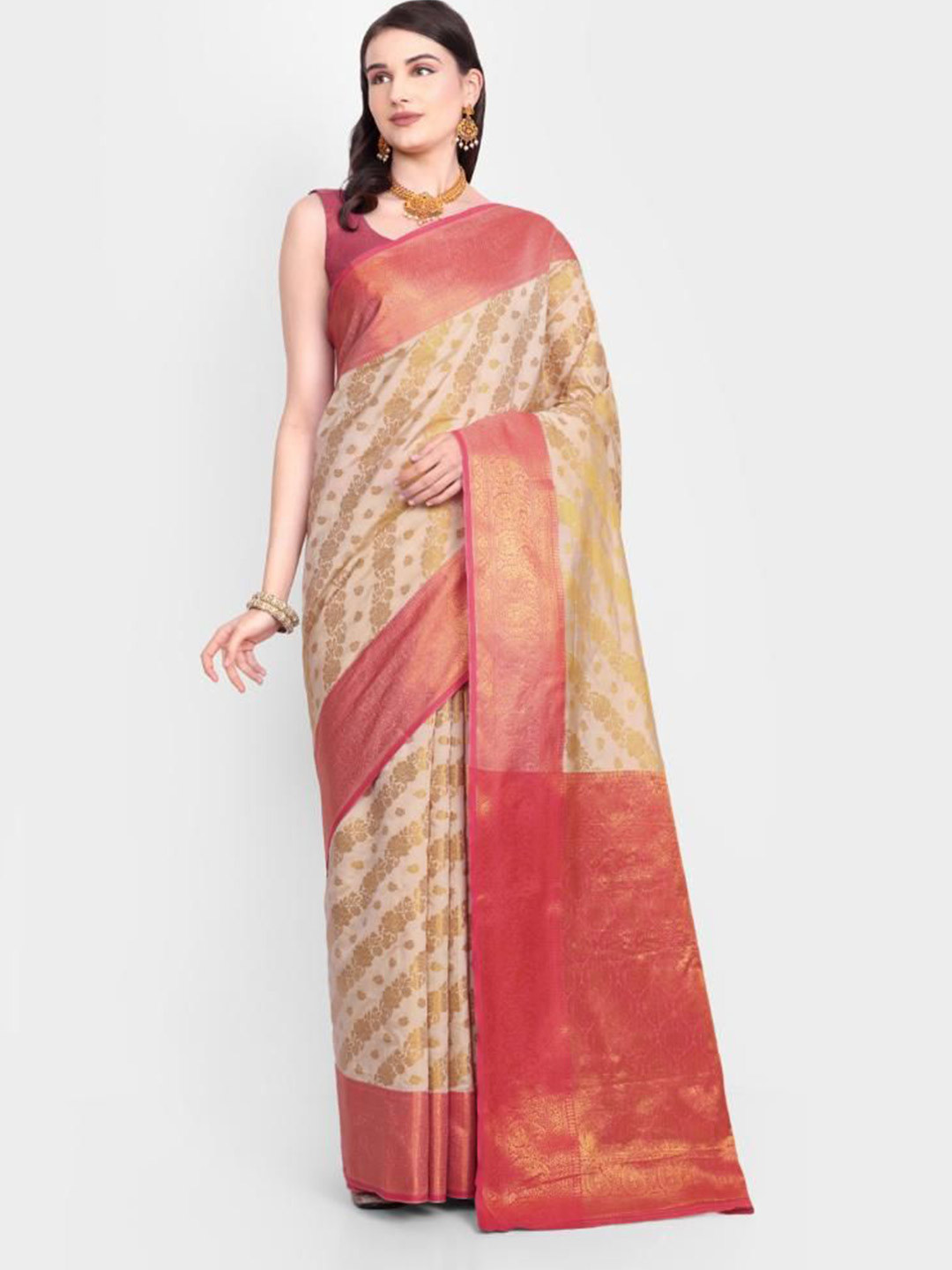 

AKSH FASHION Woven Design Zari Banarasi Saree, Cream