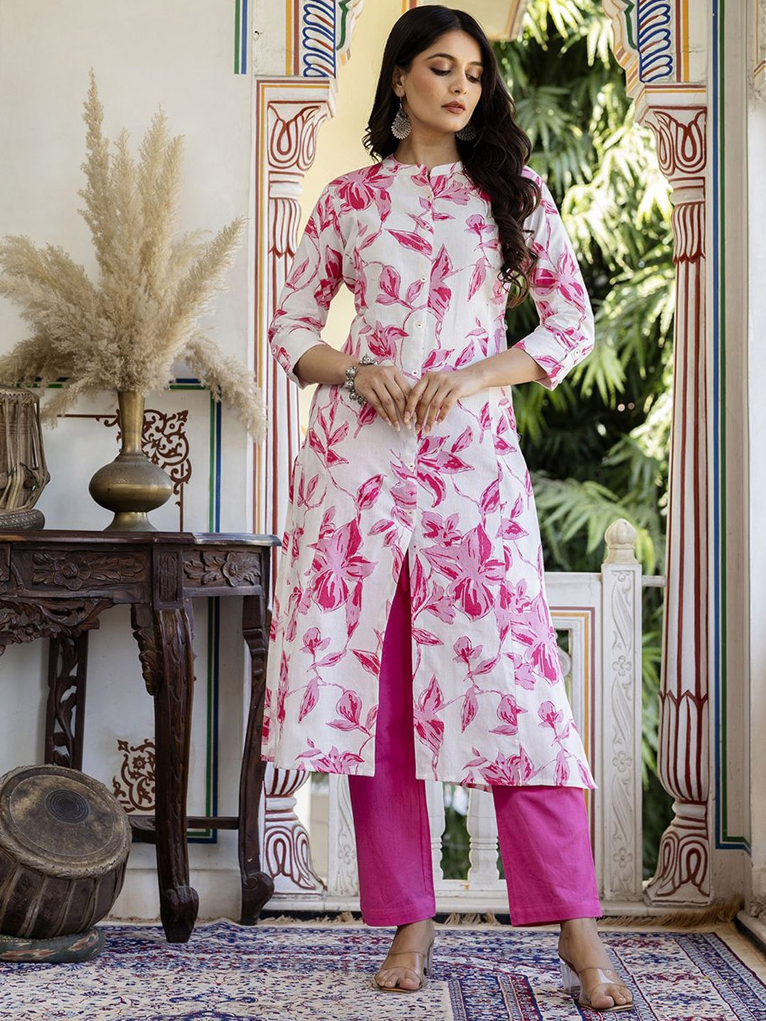 

Pistaa Floral Printed Mandarin Collar Pure Cotton A-Line Kurta with Trousers, Pink