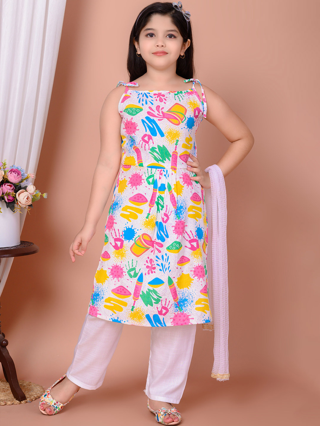 

BARKAT DESIGNING PLANET Girls Printed Regular Pure Cotton Kurta with Trousers & Dupatta, White
